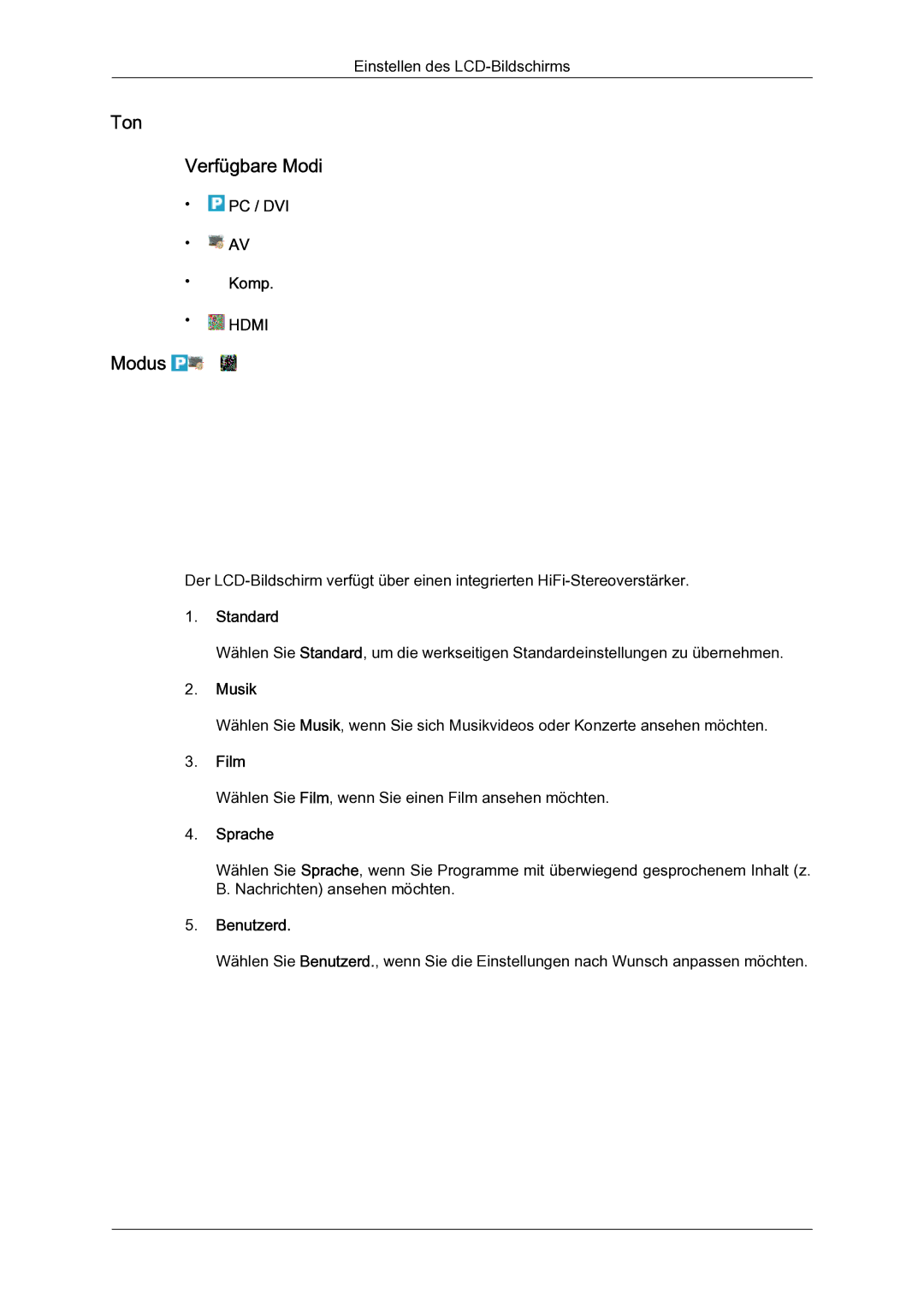 Samsung LH65TCQMBC/EN manual Ton Verfügbare Modi, Musik, Sprache 