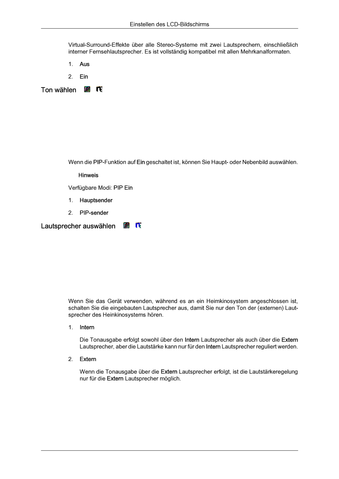 Samsung LH65TCQMBC/EN manual Ton wählen, Lautsprecher auswählen, Hauptsender PIP‐sender, Intern, Extern 