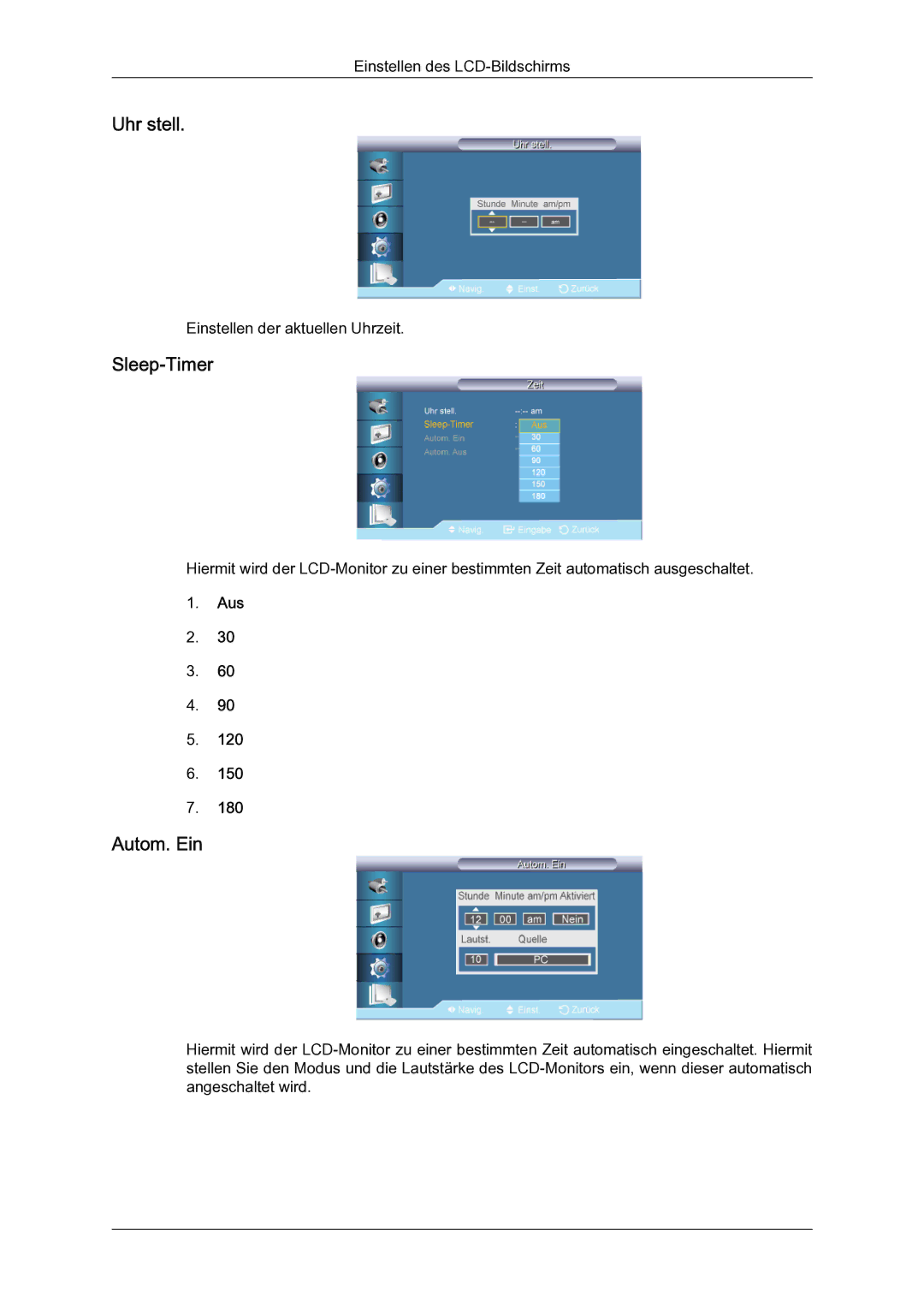 Samsung LH65TCQMBC/EN manual Uhr stell, Sleep‐Timer, Autom. Ein, Aus 