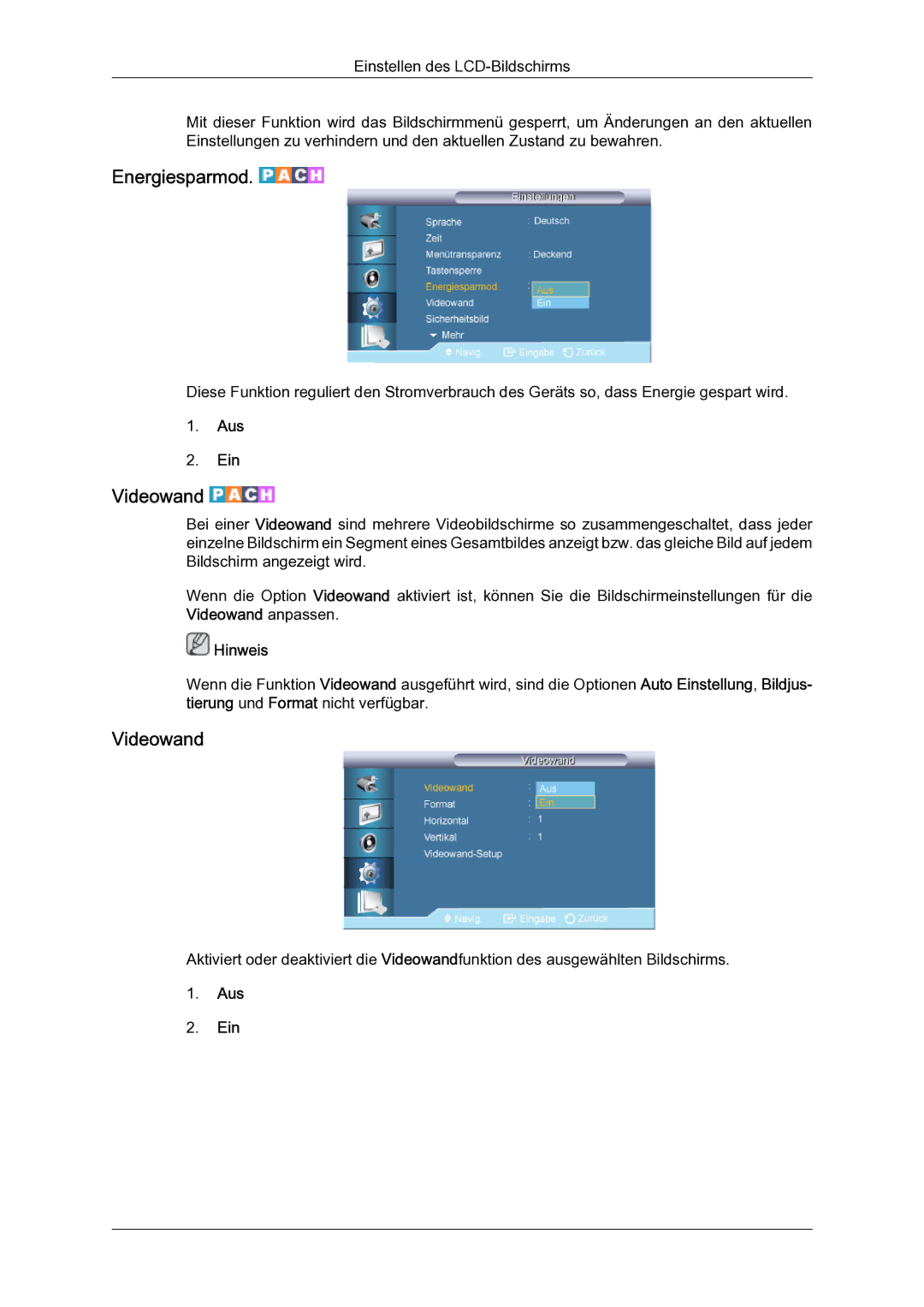 Samsung LH65TCQMBC/EN manual Energiesparmod, Videowand 