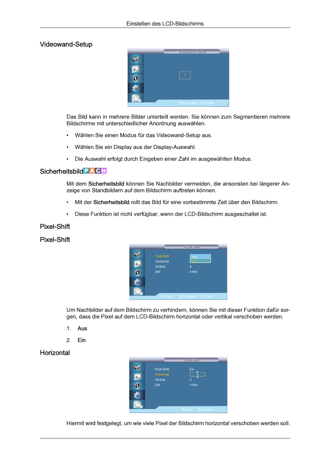 Samsung LH65TCQMBC/EN manual Videowand‐Setup, Sicherheitsbild, Pixel‐Shift 