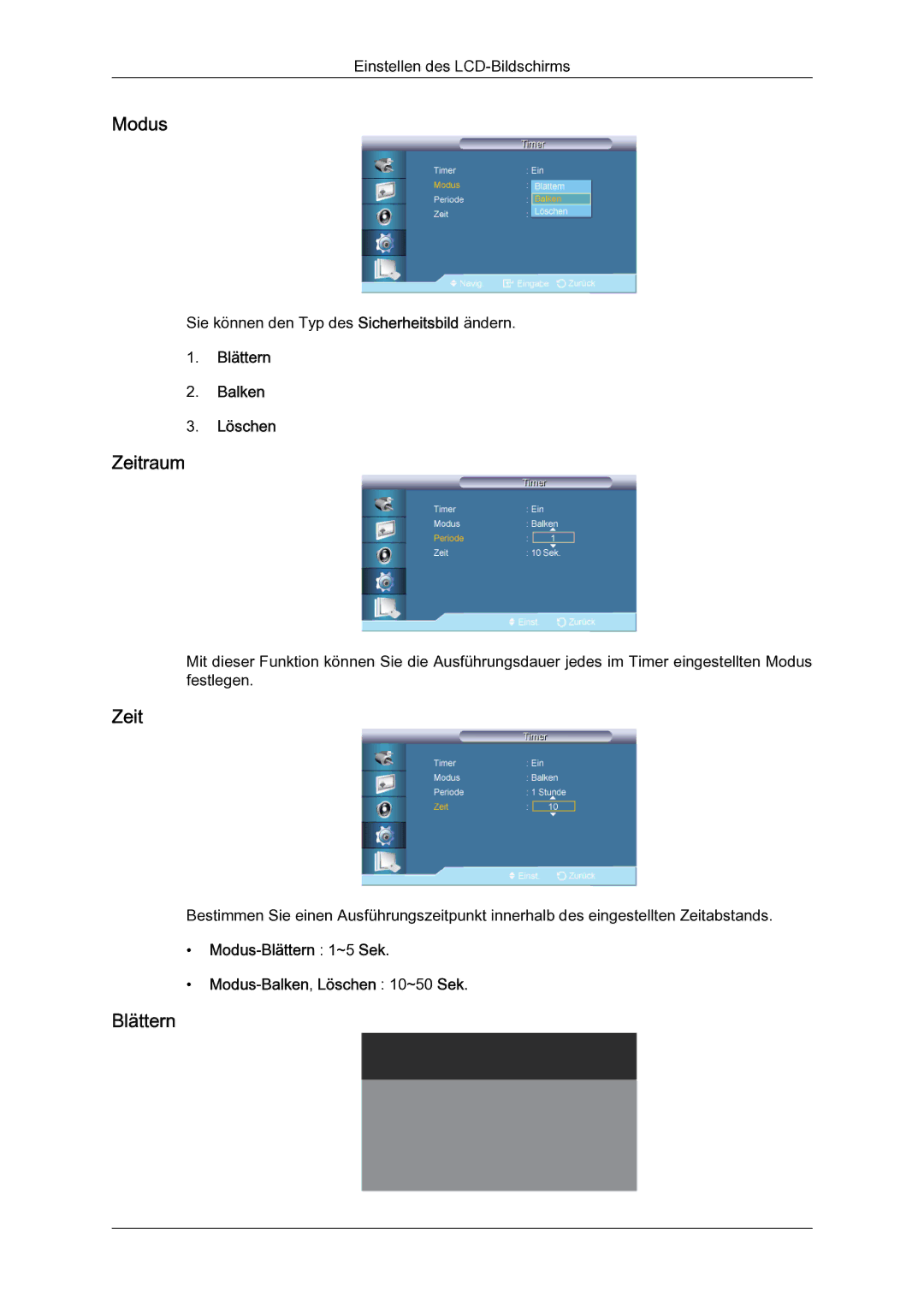 Samsung LH65TCQMBC/EN manual Zeitraum, Blättern Balken Löschen, Modus‐Blättern 1~5 Sek Modus‐Balken, Löschen 10~50 Sek 