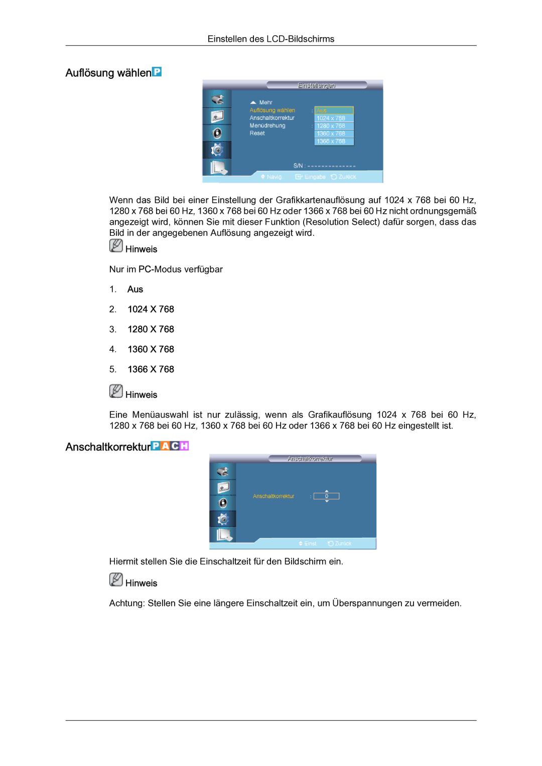 Samsung LH65TCQMBC/EN manual Auflösung wählen, Anschaltkorrektur, Aus 1024 X 1280 X 1360 X 1366 X Hinweis 