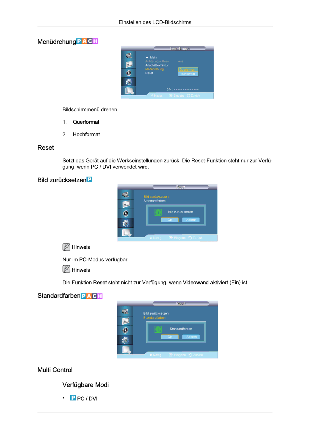 Samsung LH65TCQMBC/EN manual Menüdrehung, Reset, Bild zurücksetzen, Standardfarben Multi Control Verfügbare Modi 