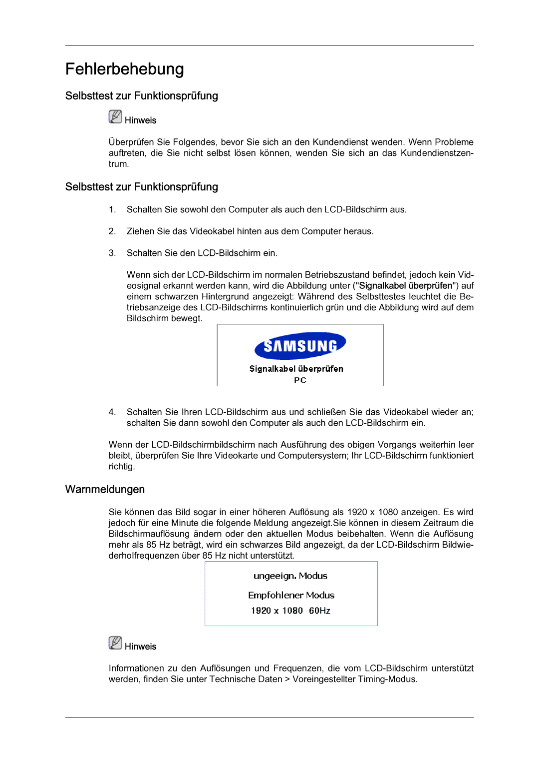 Samsung LH65TCQMBC/EN manual Selbsttest zur Funktionsprüfung, Warnmeldungen 