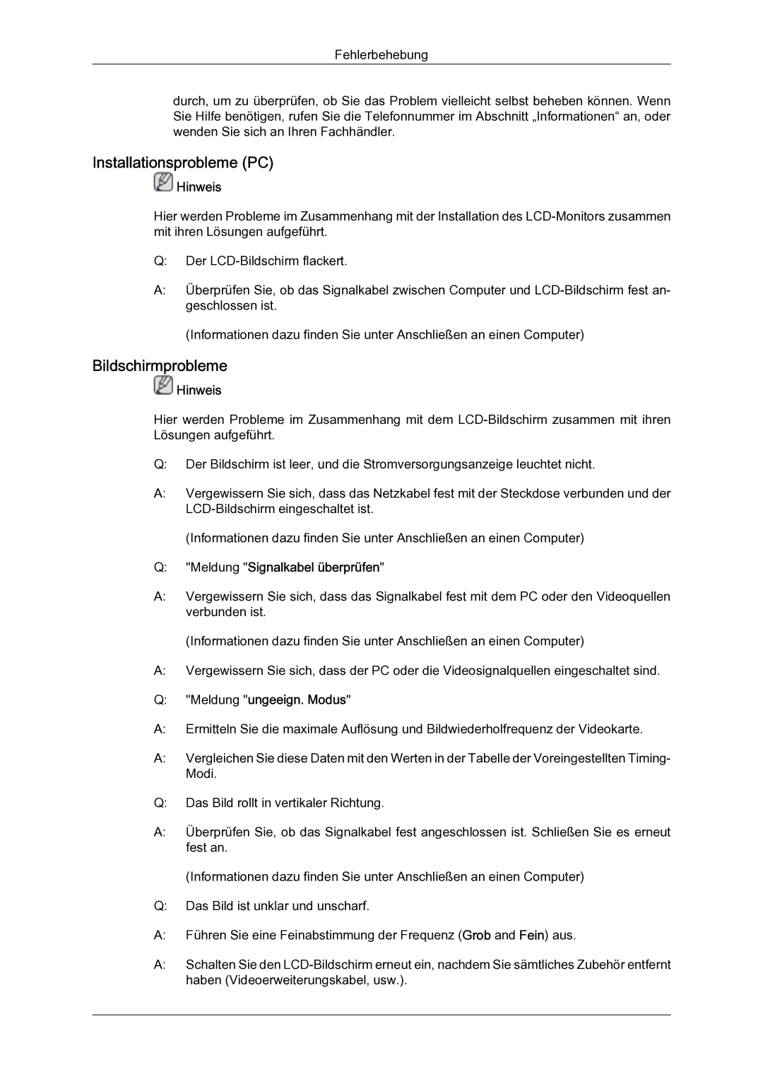 Samsung LH65TCQMBC/EN manual Installationsprobleme PC, Bildschirmprobleme, Meldung Signalkabel überprüfen 