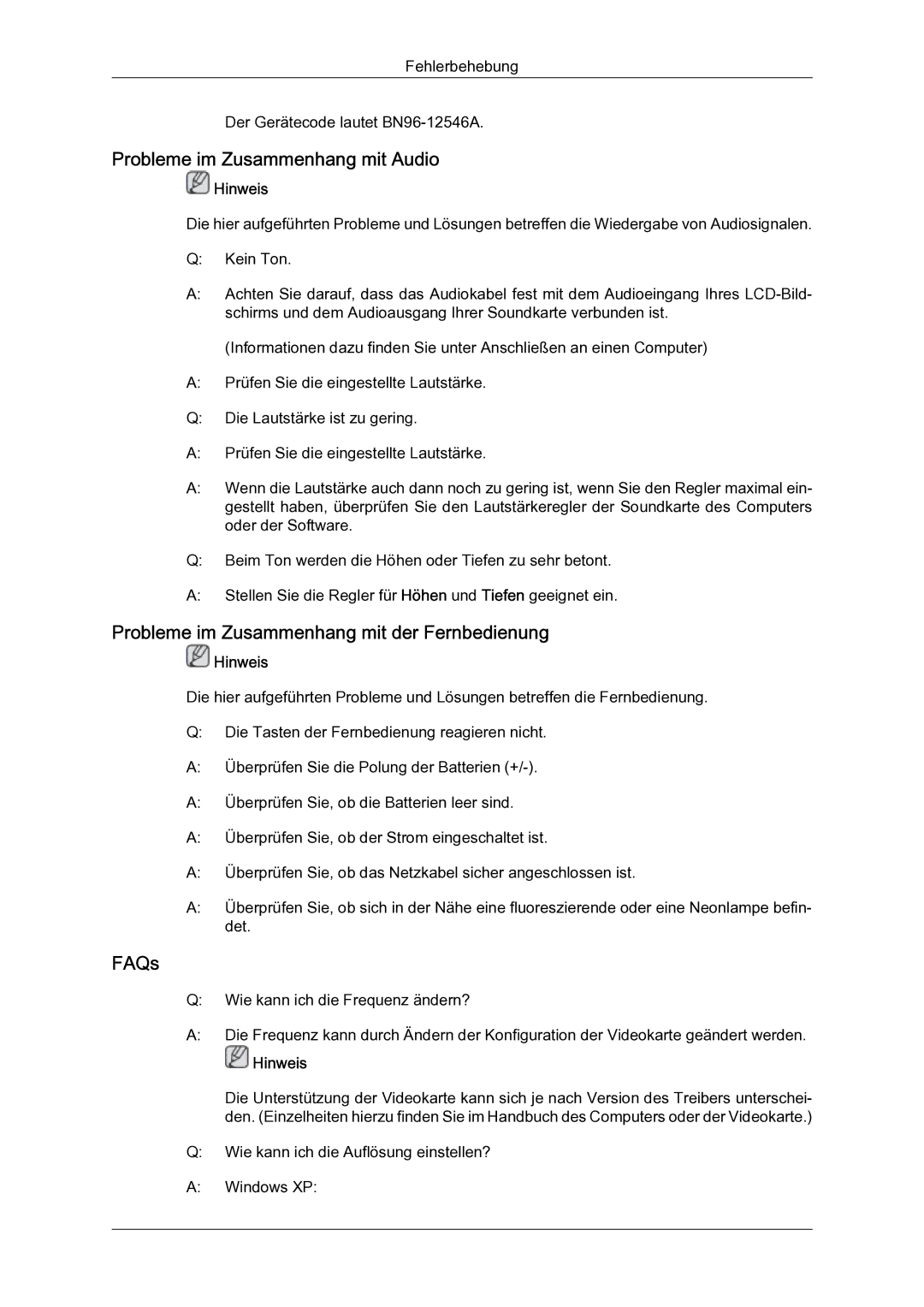 Samsung LH65TCQMBC/EN manual Probleme im Zusammenhang mit Audio, Probleme im Zusammenhang mit der Fernbedienung, FAQs 