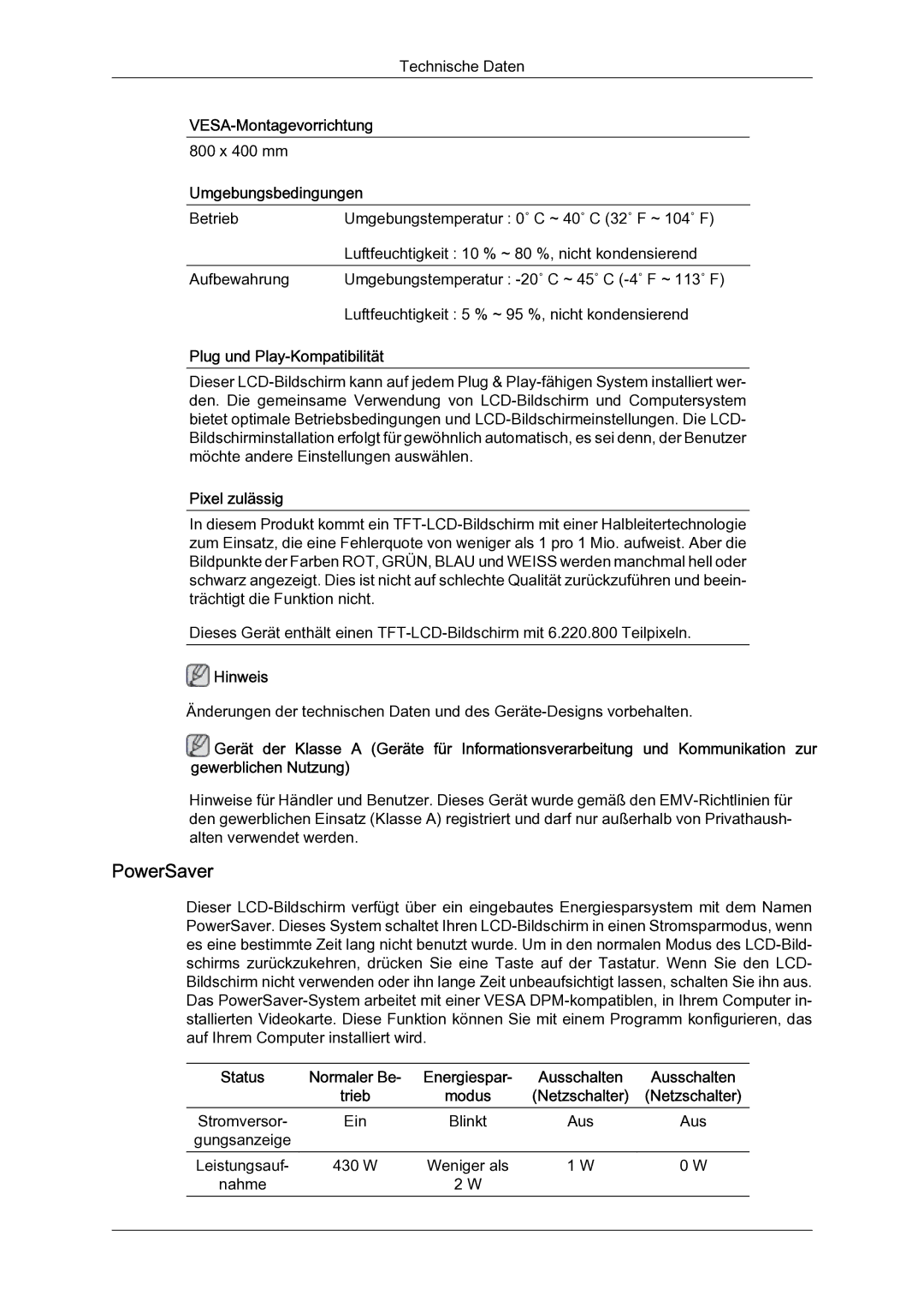 Samsung LH65TCQMBC/EN manual PowerSaver, VESA‐Montagevorrichtung, Umgebungsbedingungen, Plug und Play‐Kompatibilität 