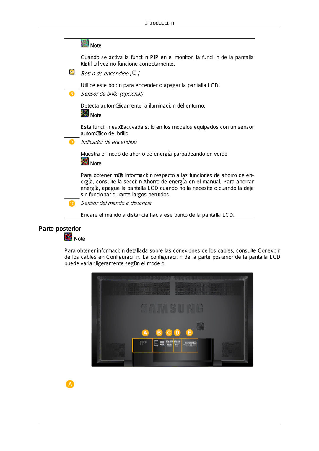 Samsung LH65TCQMBC/EN manual Parte posterior, Sensor de brillo opcional 