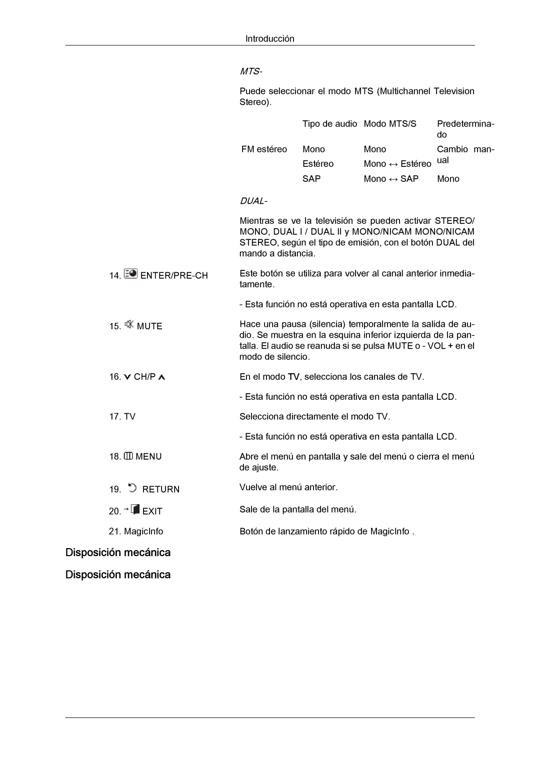 Samsung LH65TCQMBC/EN manual Disposición mecánica, Mts‐ 