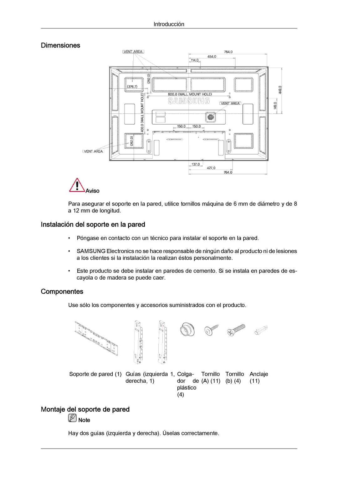 Samsung LH65TCQMBC/EN Dimensiones, Instalación del soporte en la pared, Componentes, Montaje del soporte de pared, Aviso 