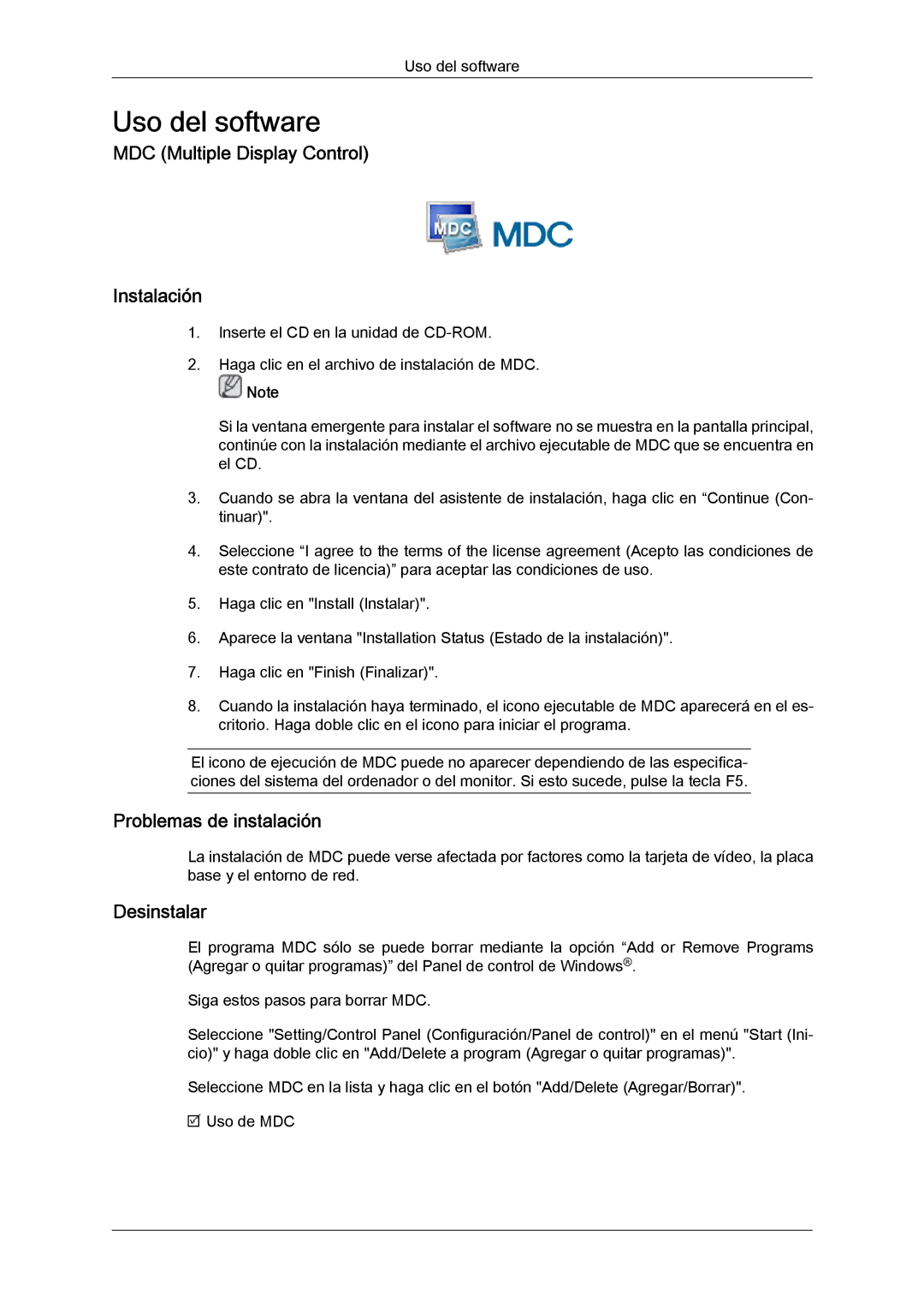 Samsung LH65TCQMBC/EN manual MDC Multiple Display Control Instalación, Problemas de instalación, Desinstalar 