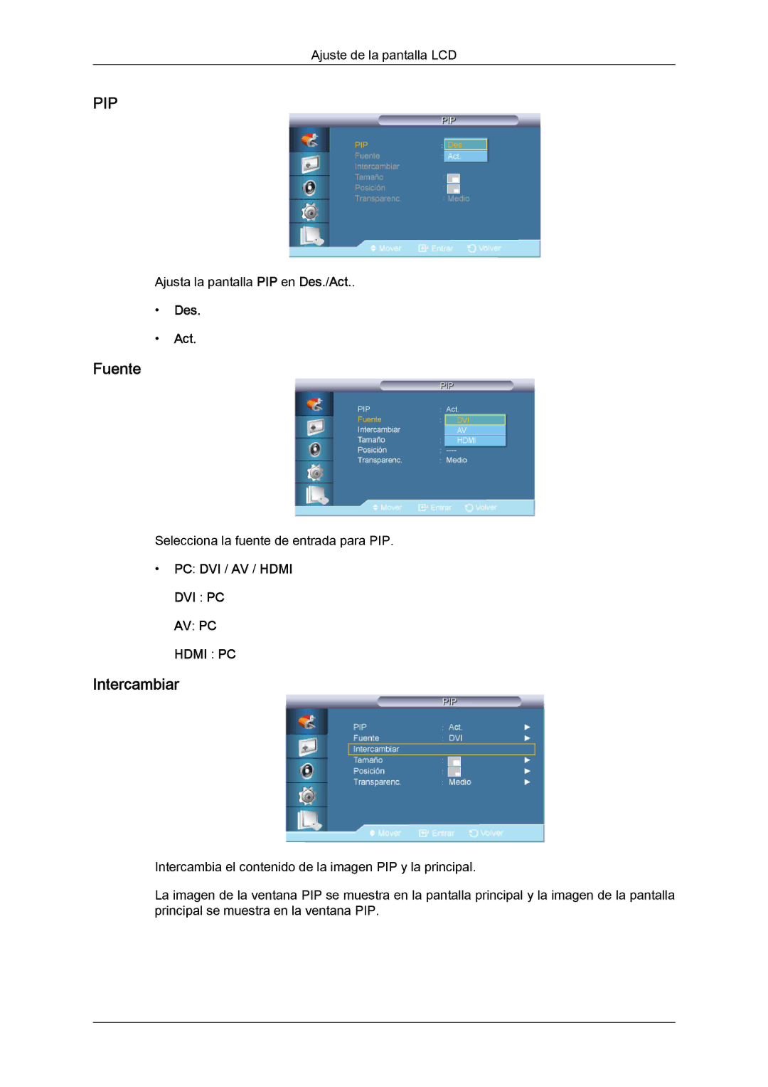 Samsung LH65TCQMBC/EN manual Fuente, Intercambiar, Des Act 