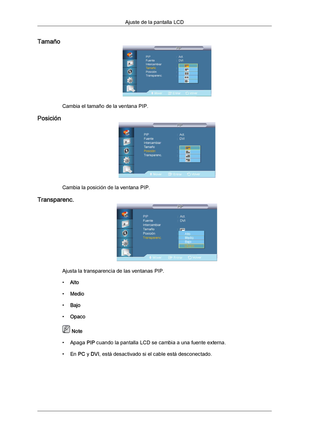 Samsung LH65TCQMBC/EN manual Tamaño, Posición, Transparenc, Alto Medio Bajo Opaco 