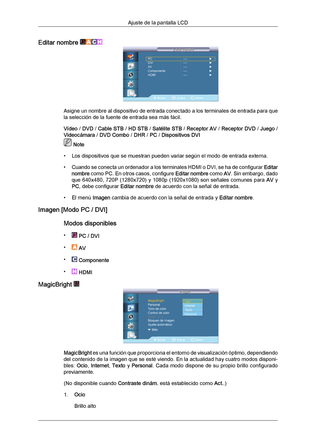 Samsung LH65TCQMBC/EN manual Editar nombre, Imagen Modo PC / DVI Modos disponibles, MagicBright, Ocio Brillo alto 