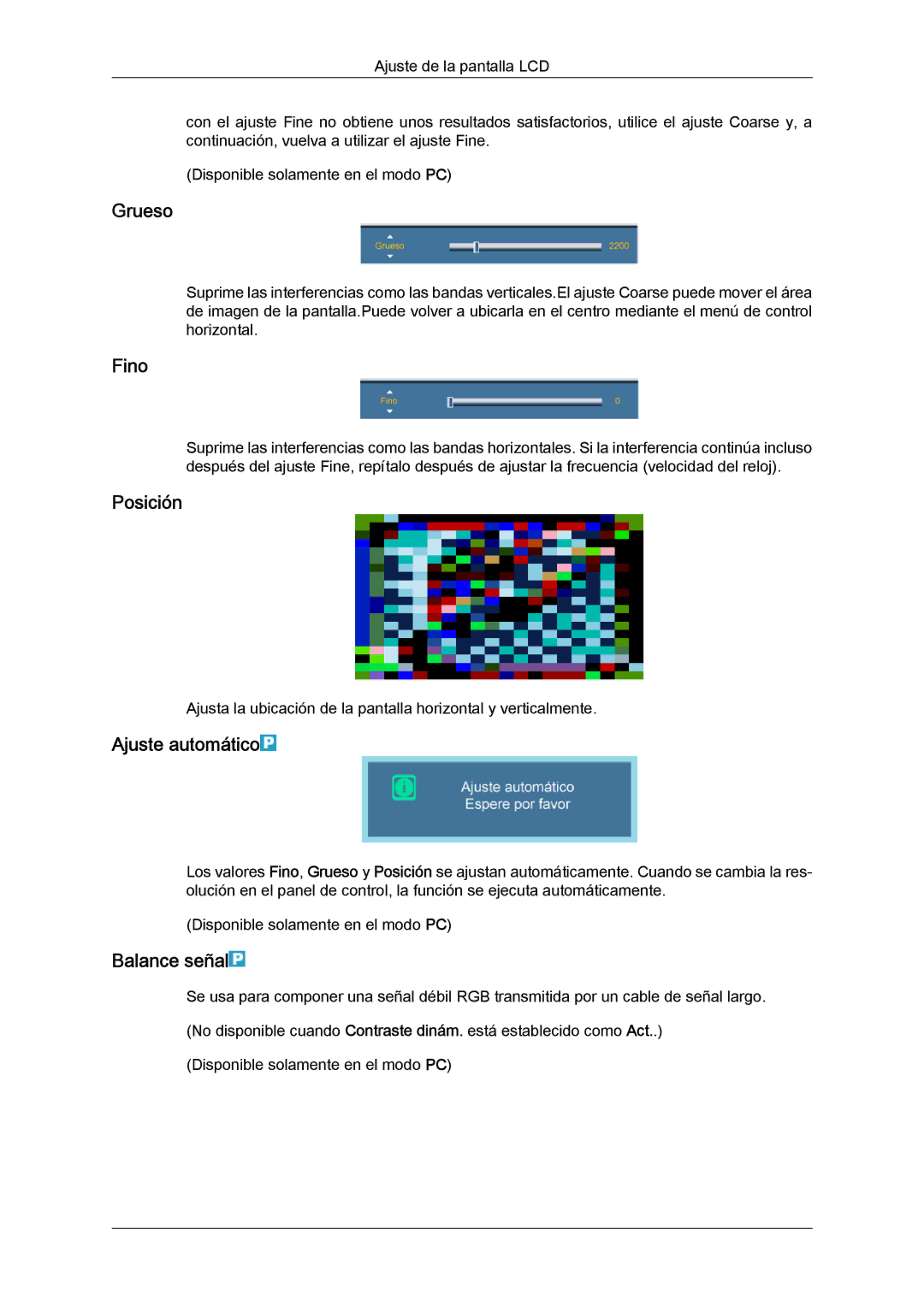 Samsung LH65TCQMBC/EN manual Grueso, Fino, Ajuste automático, Balance señal 