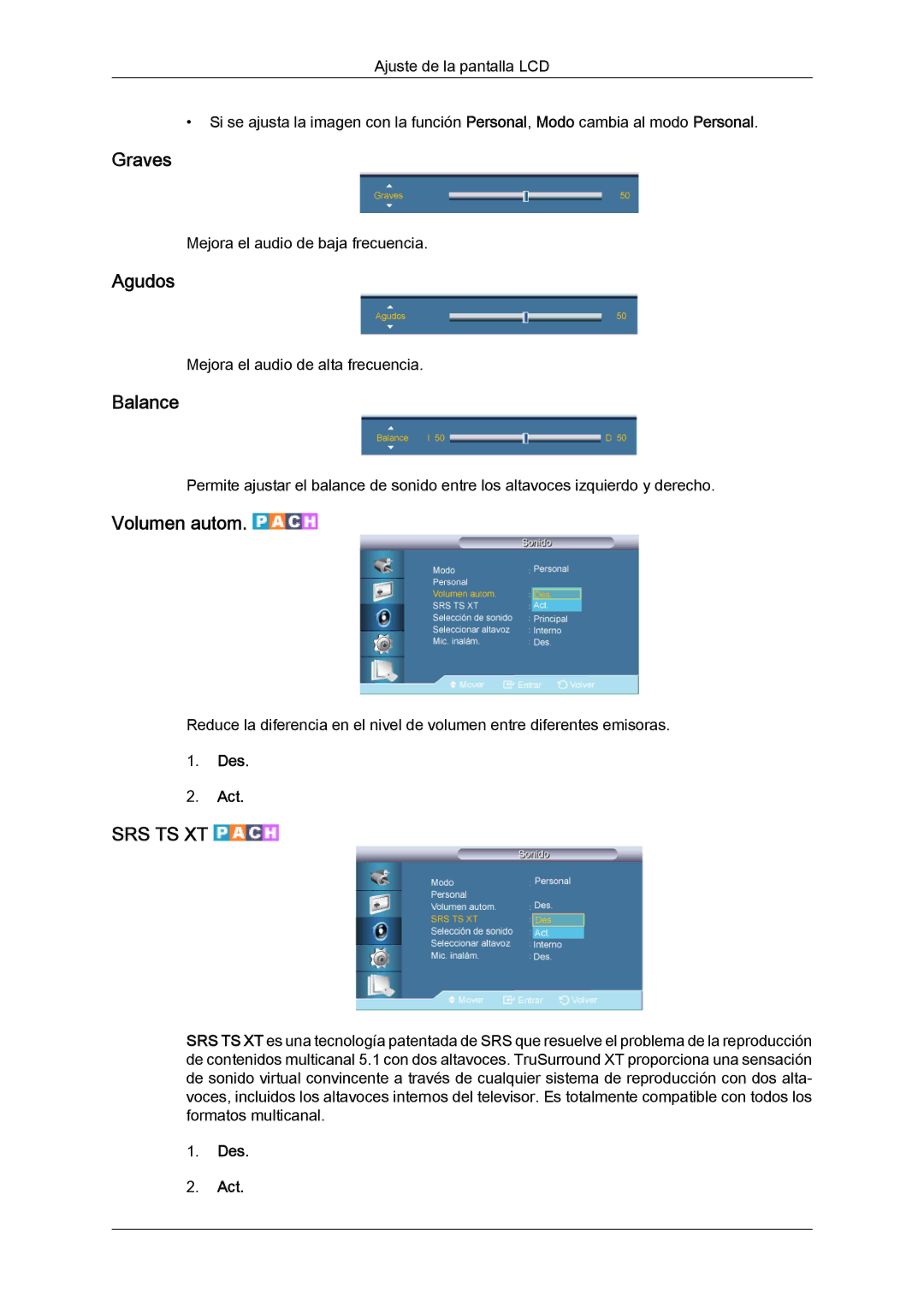 Samsung LH65TCQMBC/EN manual Graves, Agudos, Balance, Volumen autom 