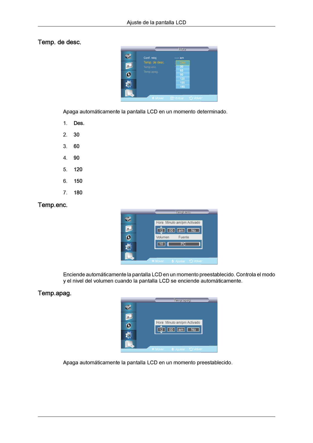 Samsung LH65TCQMBC/EN manual Temp. de desc, Temp.enc, Temp.apag 