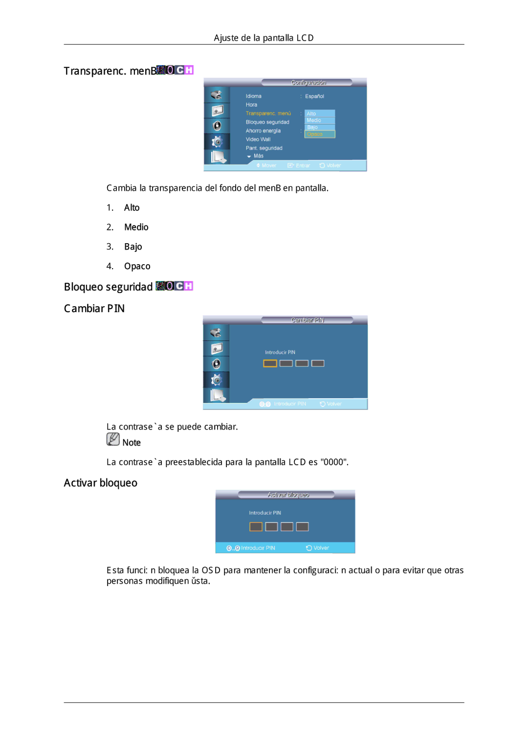 Samsung LH65TCQMBC/EN manual Transparenc. menú, Bloqueo seguridad Cambiar PIN, Activar bloqueo 