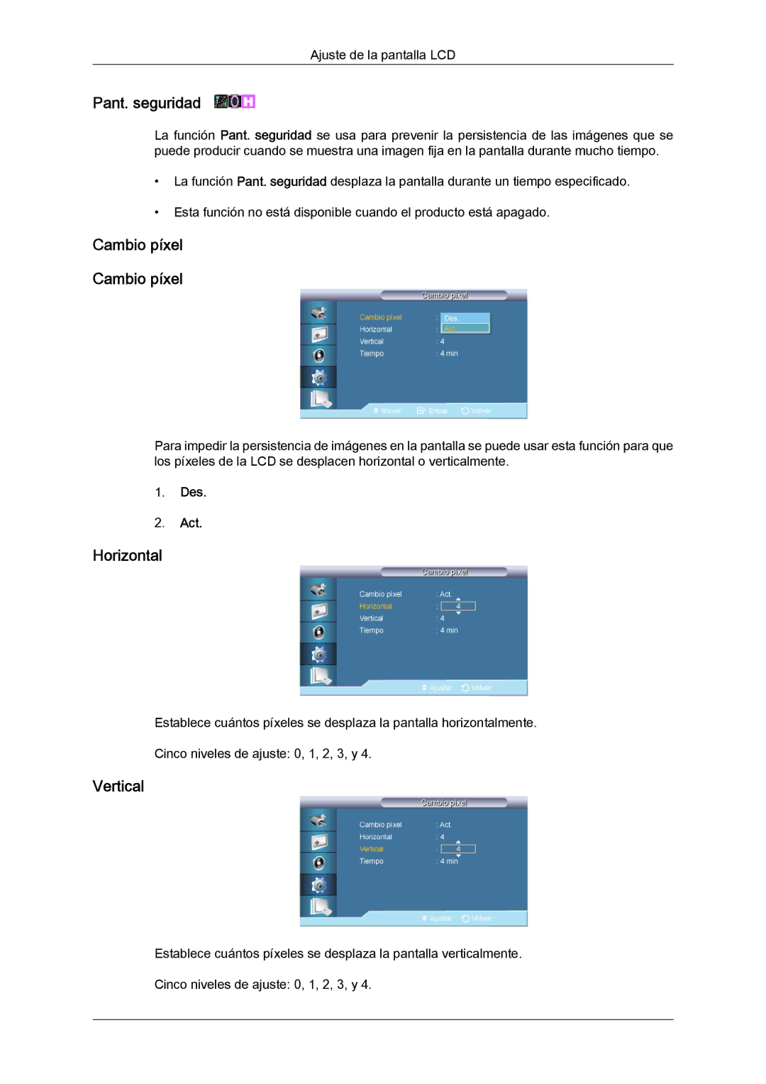 Samsung LH65TCQMBC/EN manual Pant. seguridad, Cambio píxel 