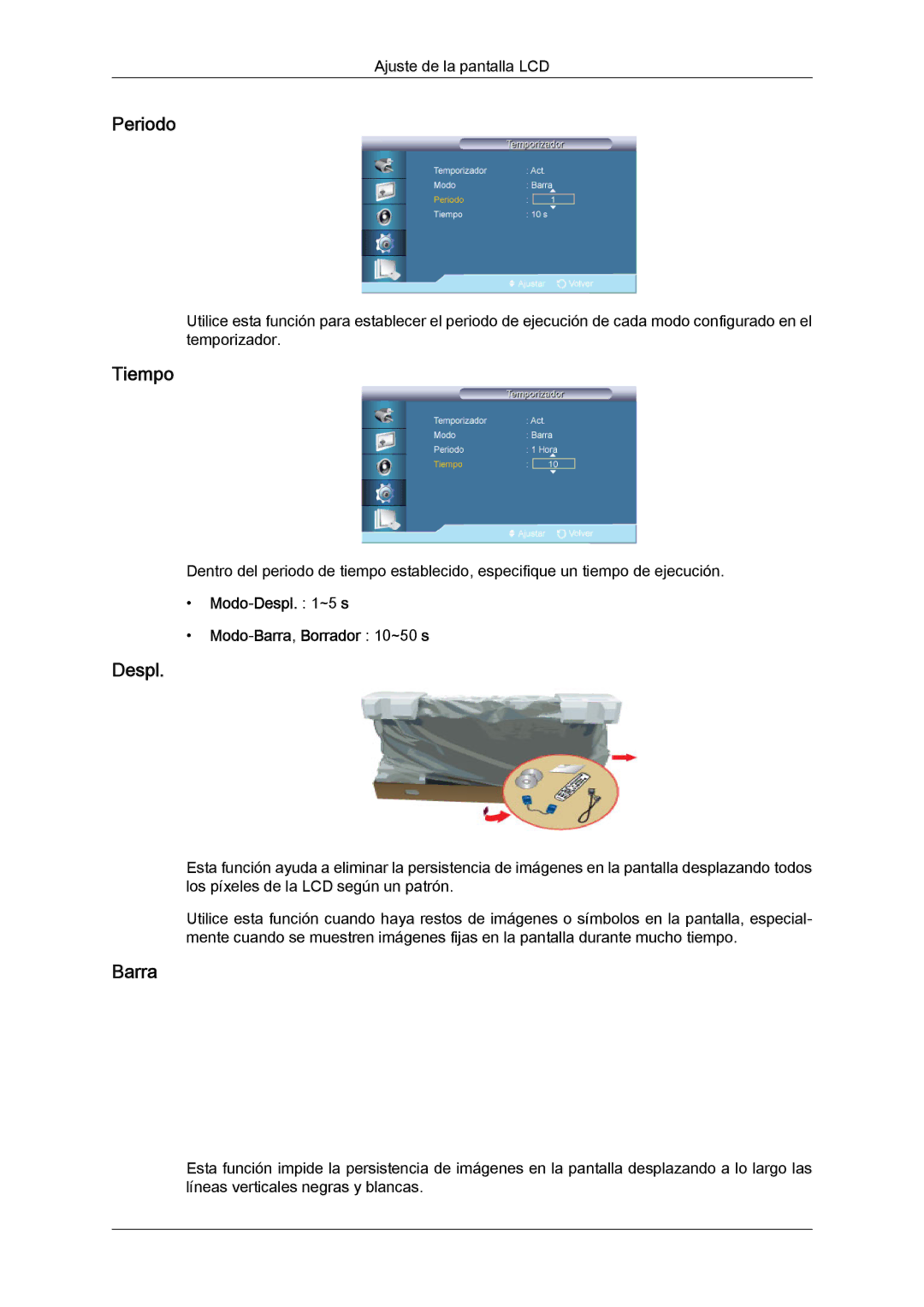 Samsung LH65TCQMBC/EN manual Periodo, Modo‐Despl ~5 s Modo‐Barra, Borrador 10~50 s 