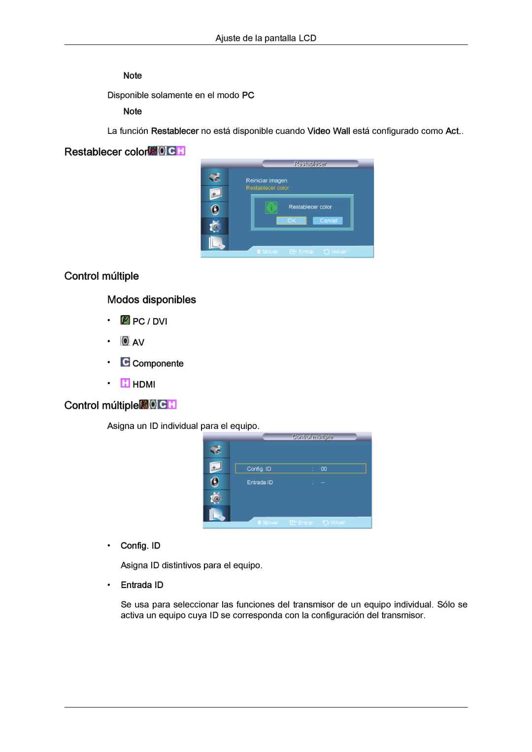 Samsung LH65TCQMBC/EN manual Restablecer color Control múltiple Modos disponibles, Config. ID, Entrada ID 