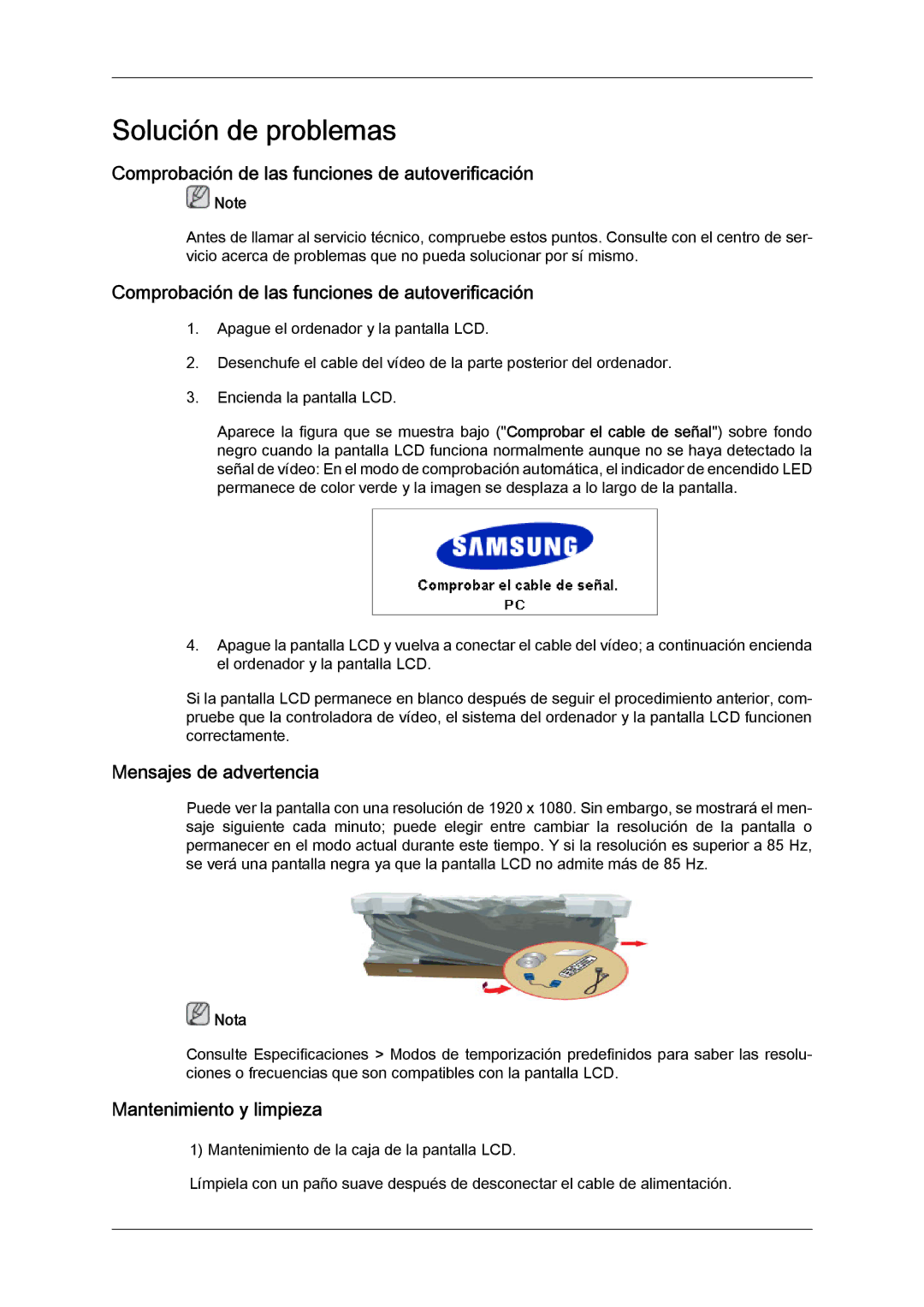 Samsung LH65TCQMBC/EN Comprobación de las funciones de autoverificación, Mensajes de advertencia, Mantenimiento y limpieza 