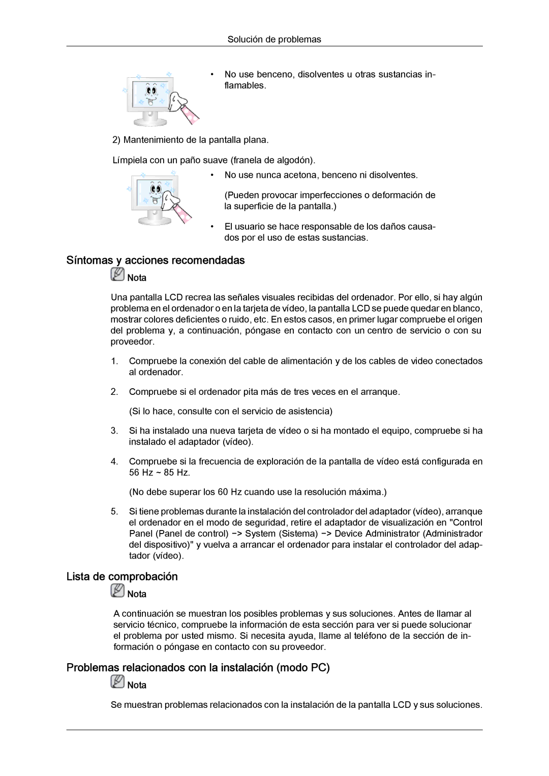 Samsung LH65TCQMBC/EN manual Síntomas y acciones recomendadas, Lista de comprobación 