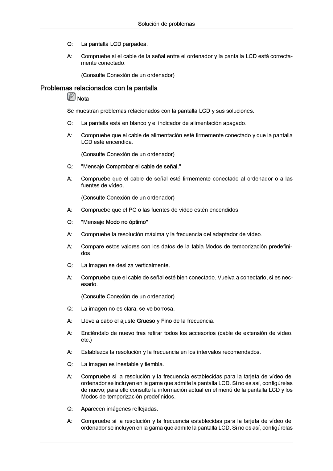 Samsung LH65TCQMBC/EN Problemas relacionados con la pantalla, Mensaje Comprobar el cable de señal, Mensaje Modo no óptimo 
