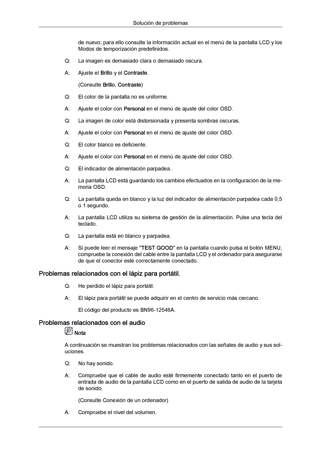 Samsung LH65TCQMBC/EN manual Problemas relacionados con el lápiz para portátil, Problemas relacionados con el audio 