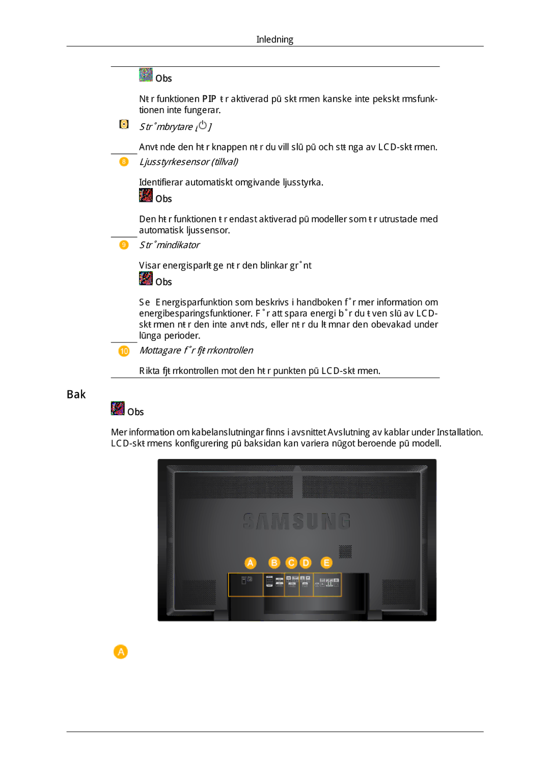 Samsung LH65TCQMBC/EN manual Bak, Obs 