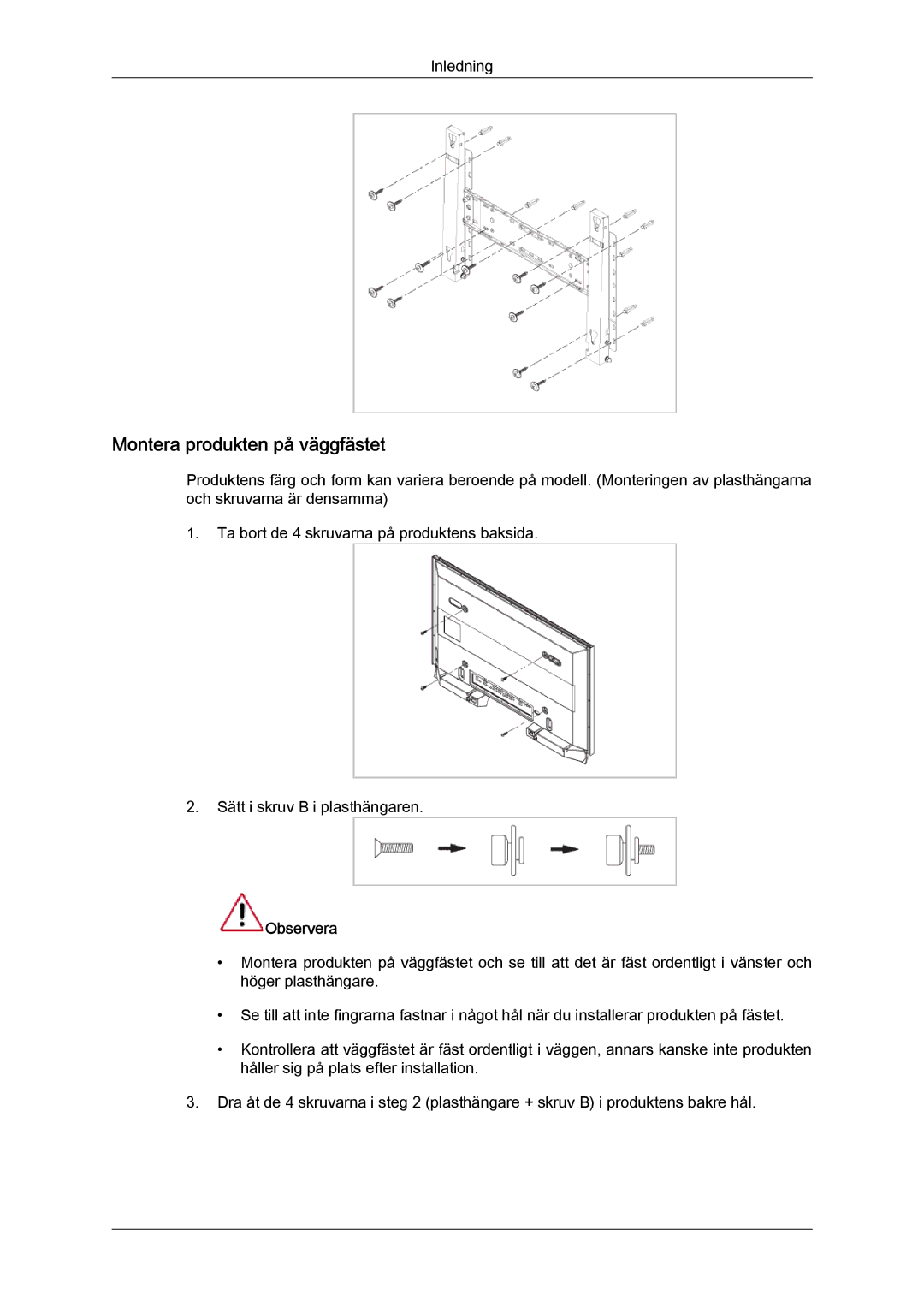 Samsung LH65TCQMBC/EN manual Montera produkten på väggfästet 