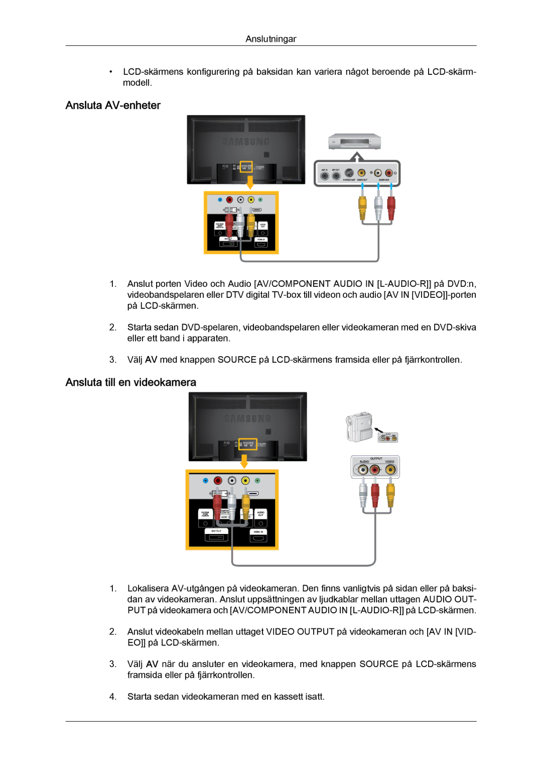 Samsung LH65TCQMBC/EN manual Ansluta AV-enheter, Ansluta till en videokamera 