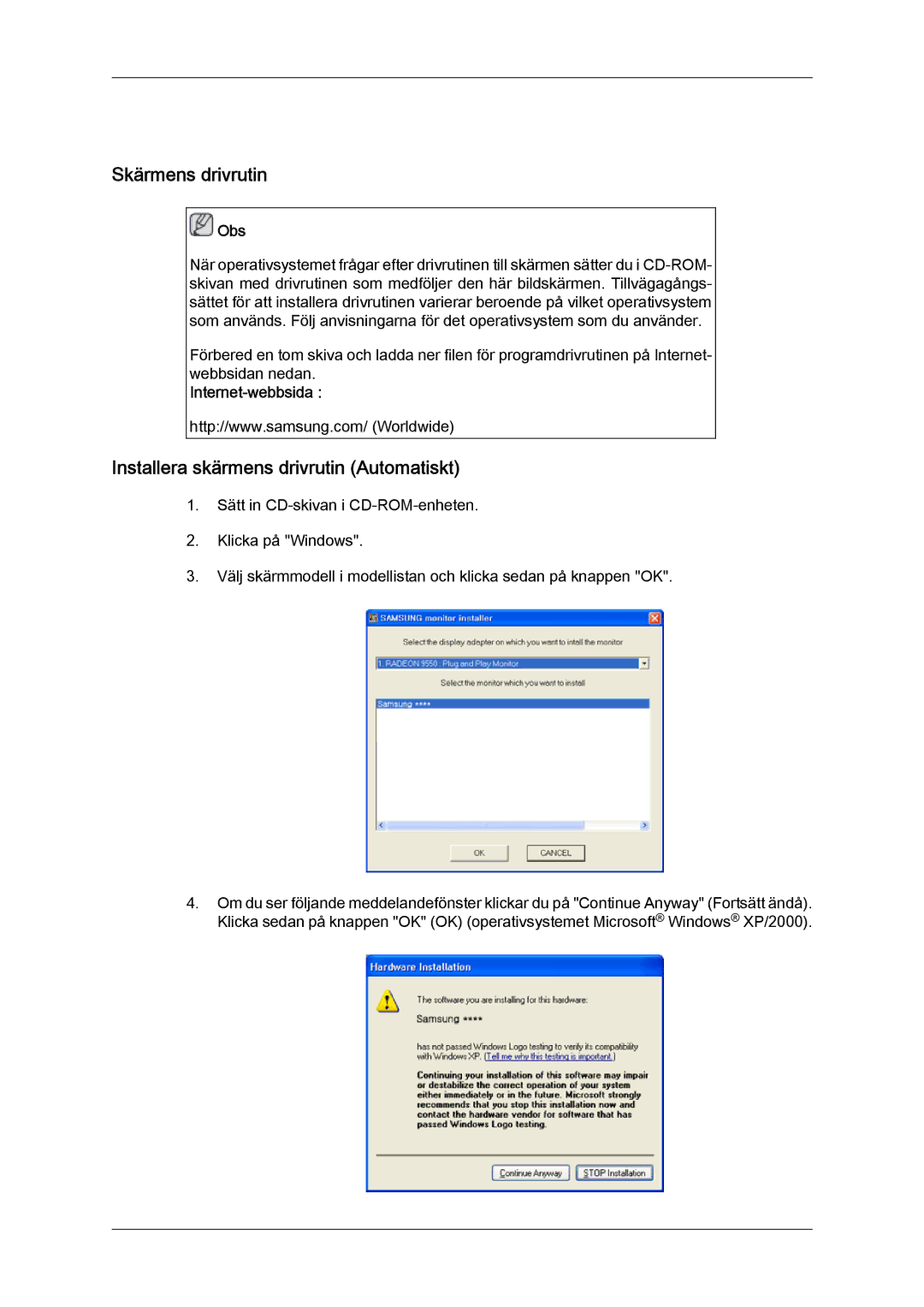 Samsung LH65TCQMBC/EN manual Skärmens drivrutin, Installera skärmens drivrutin Automatiskt, Internet-webbsida 