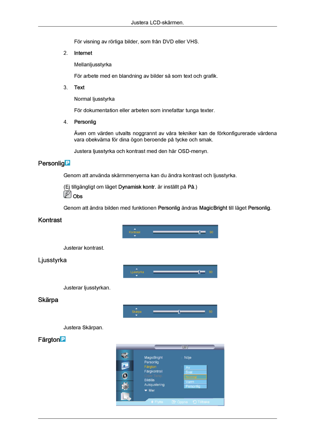 Samsung LH65TCQMBC/EN manual Personlig, Kontrast, Skärpa, Färgton 