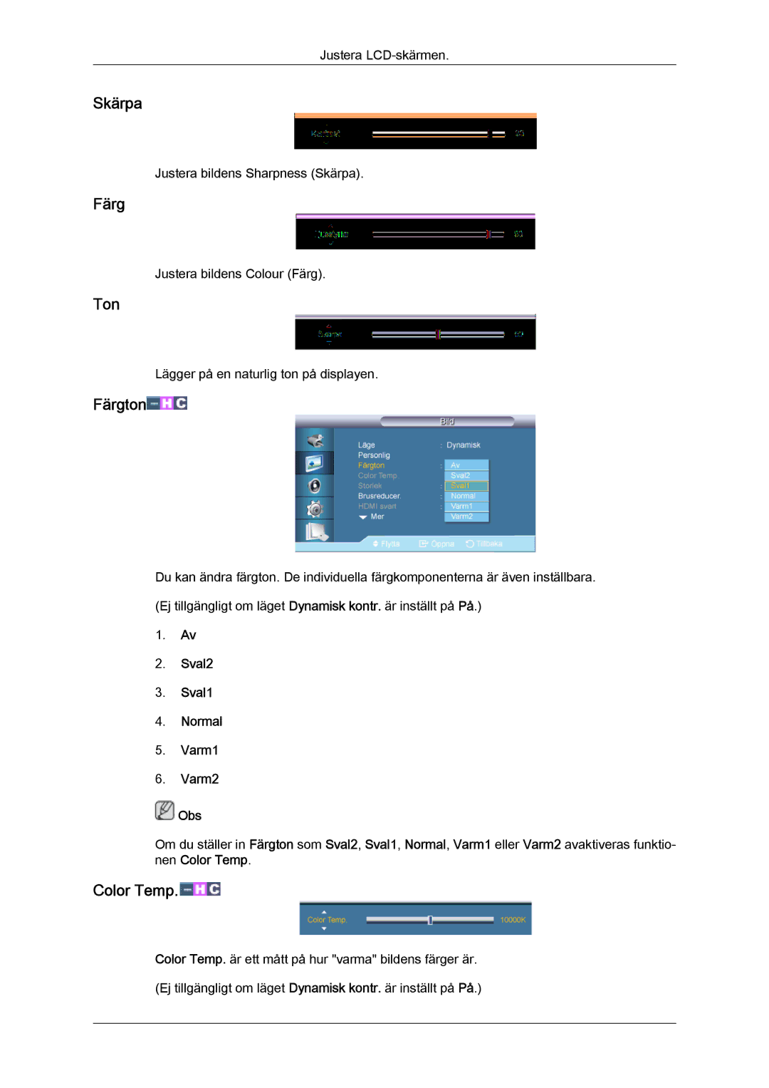 Samsung LH65TCQMBC/EN manual Färg, Ton, Sval2 Sval1 Normal Varm1 Varm2 Obs 