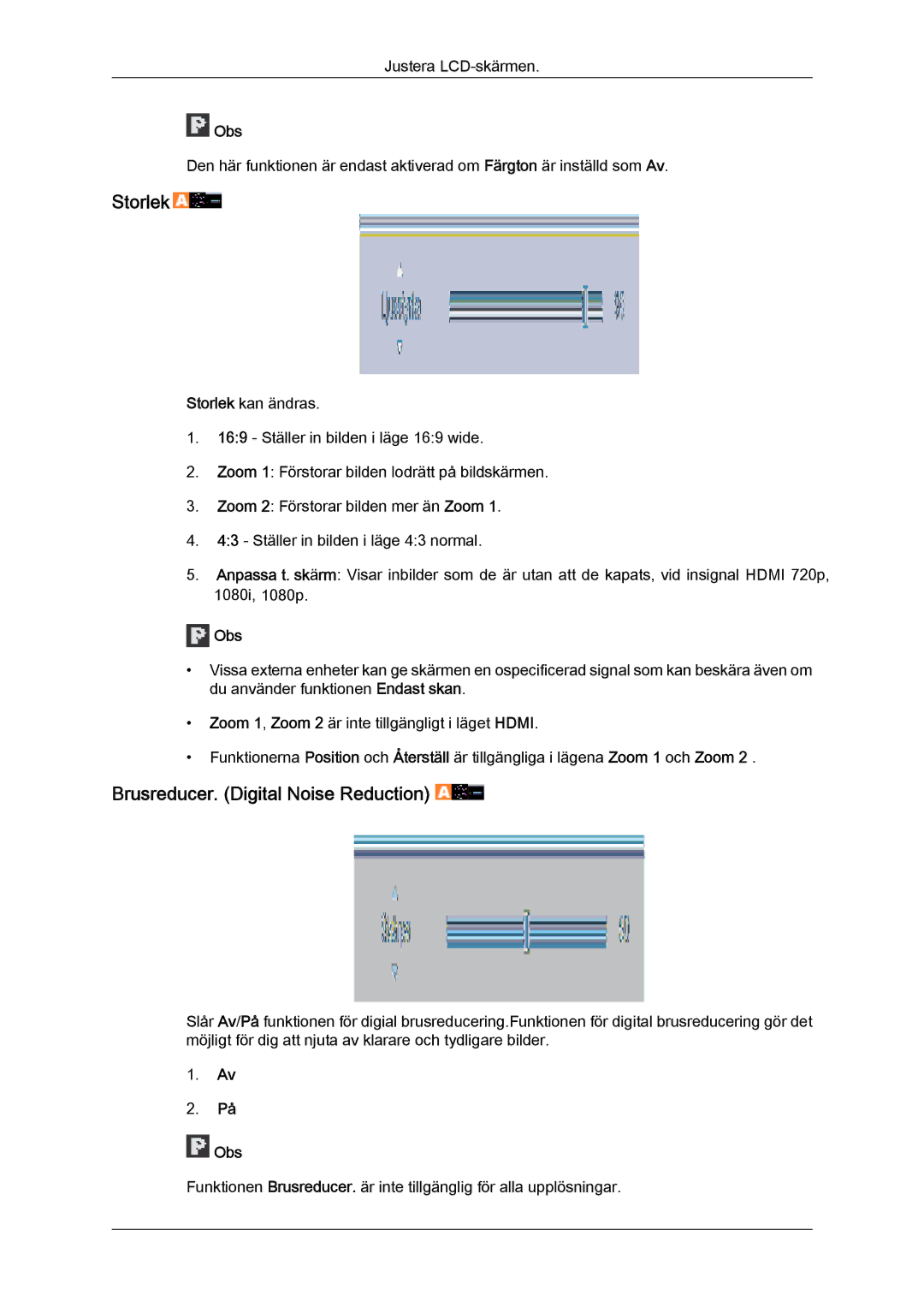 Samsung LH65TCQMBC/EN manual Storlek, Brusreducer. Digital Noise Reduction 