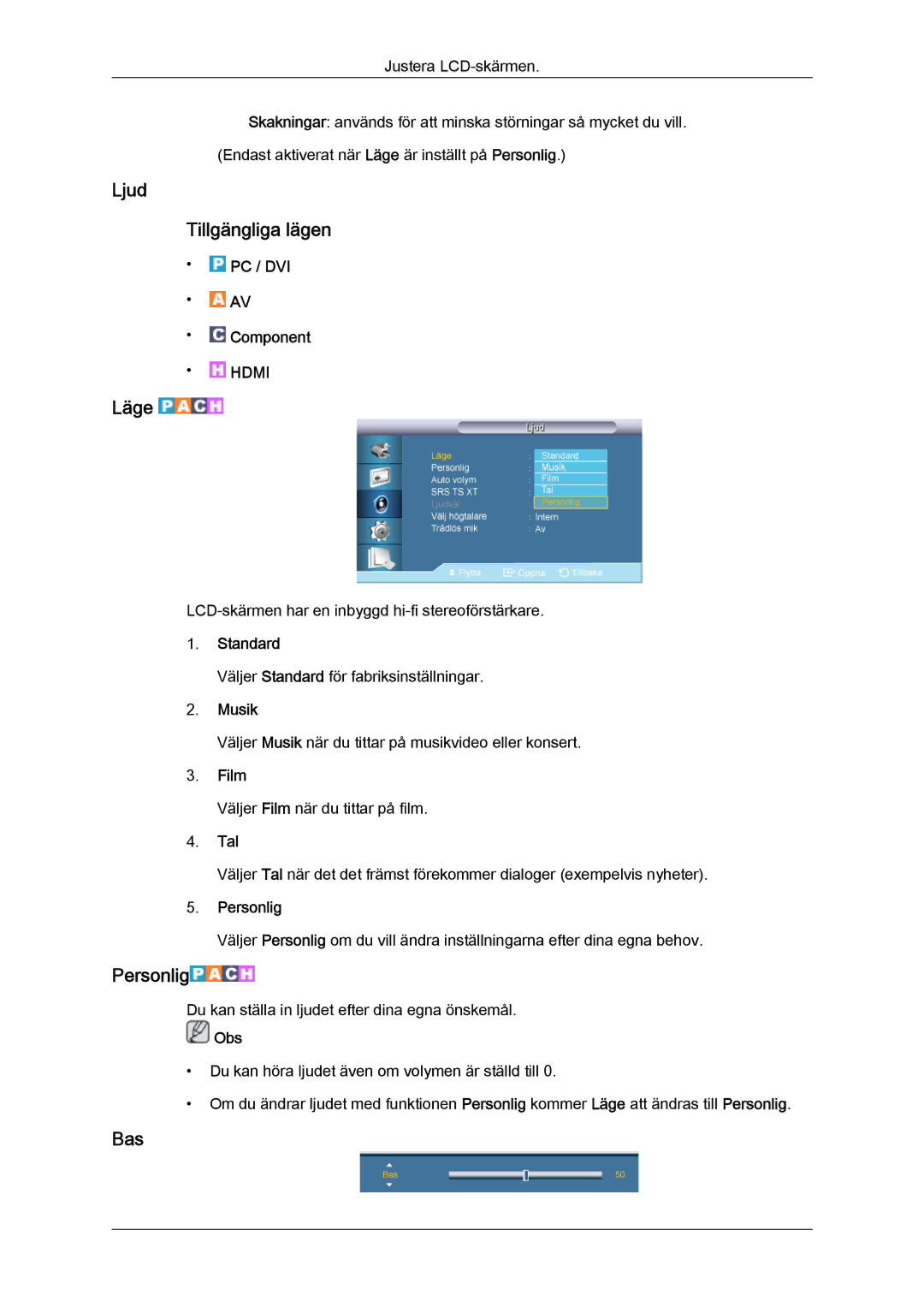 Samsung LH65TCQMBC/EN manual Ljud Tillgängliga lägen, Bas, Musik, Tal 