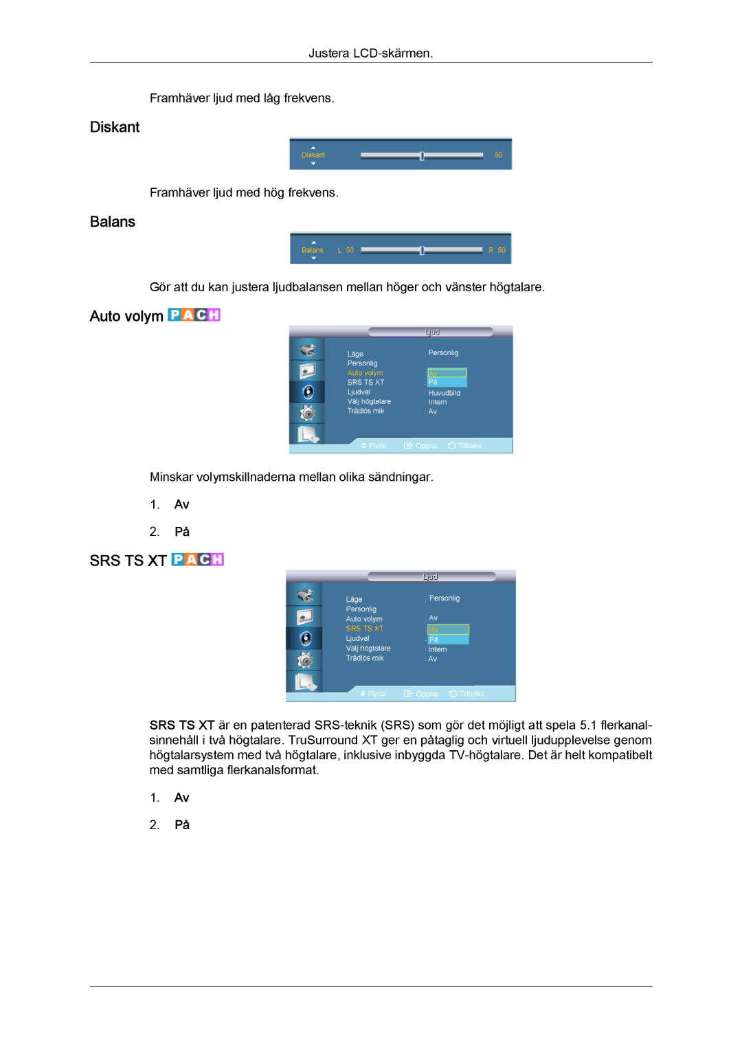 Samsung LH65TCQMBC/EN manual Diskant, Balans, Auto volym 