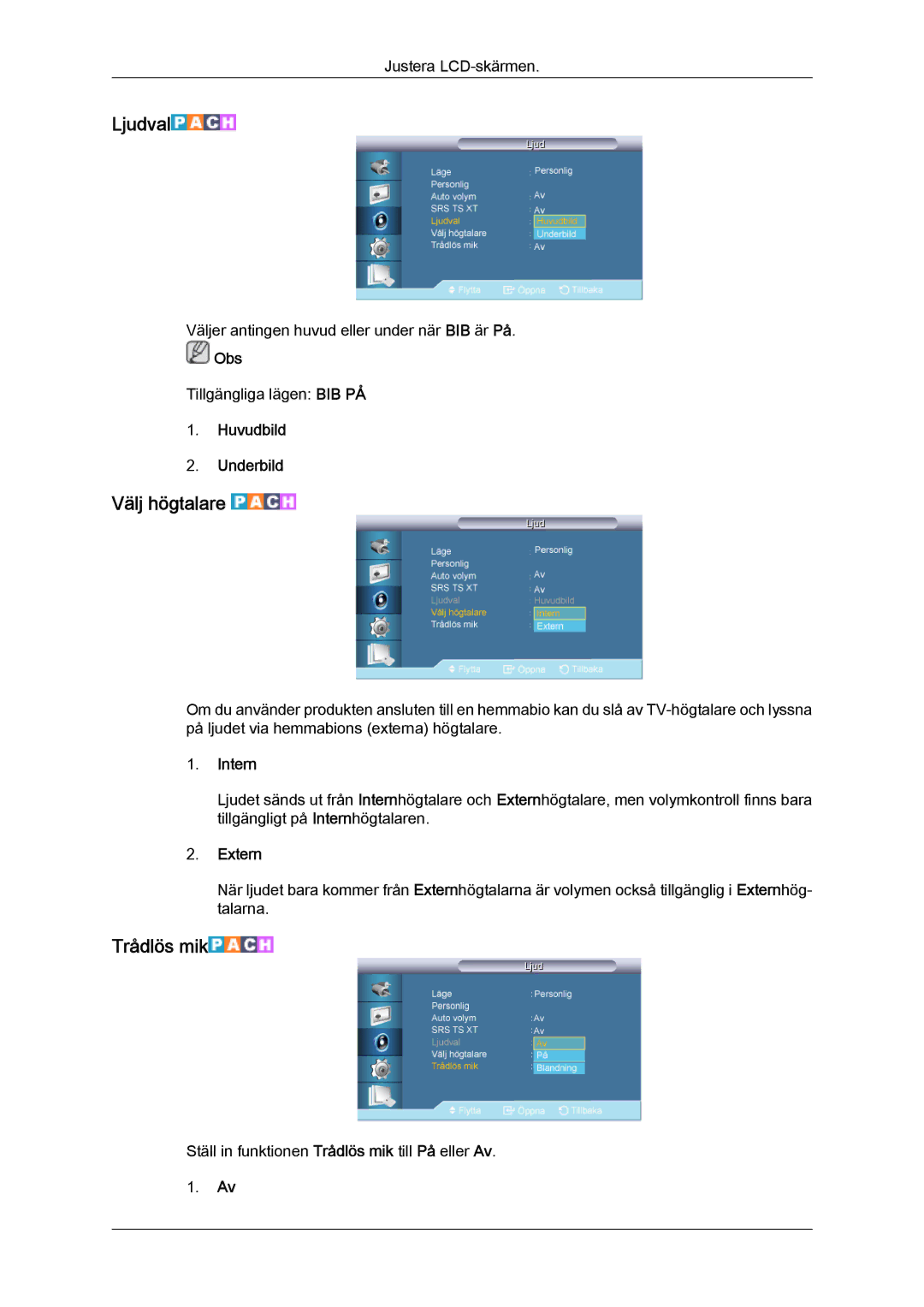 Samsung LH65TCQMBC/EN manual Ljudval, Välj högtalare, Trådlös mik 