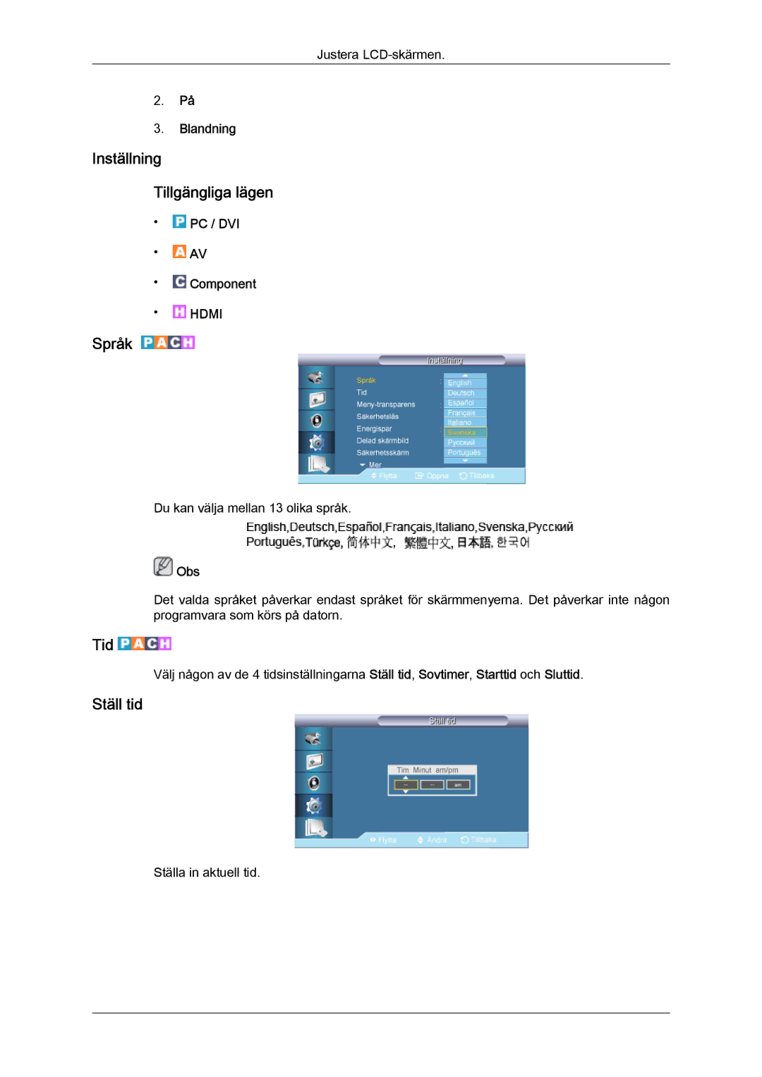 Samsung LH65TCQMBC/EN manual Inställning Tillgängliga lägen, Språk, Tid, Ställ tid, Blandning 