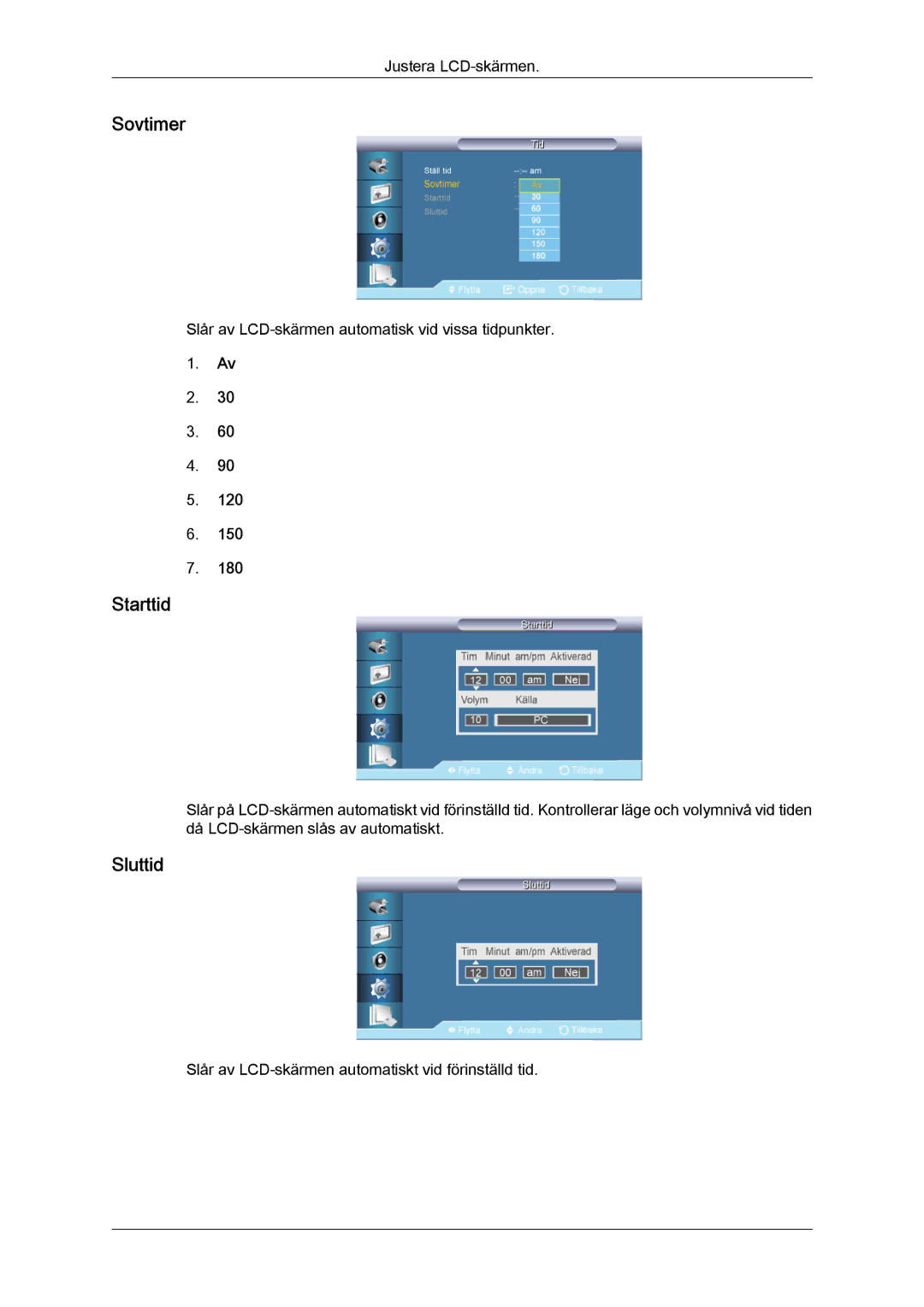 Samsung LH65TCQMBC/EN manual Sovtimer, Starttid, Sluttid 