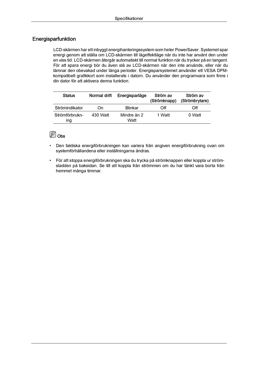 Samsung LH65TCQMBC/EN manual Energisparfunktion 