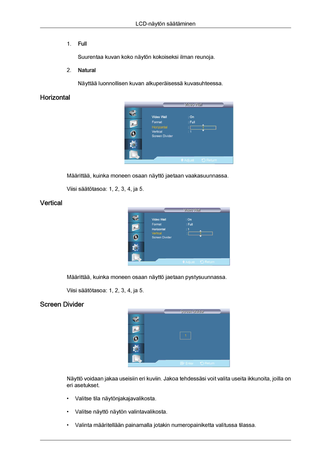 Samsung LH65TCQMBC/EN manual Horizontal, Vertical, Screen Divider, Full, Natural 