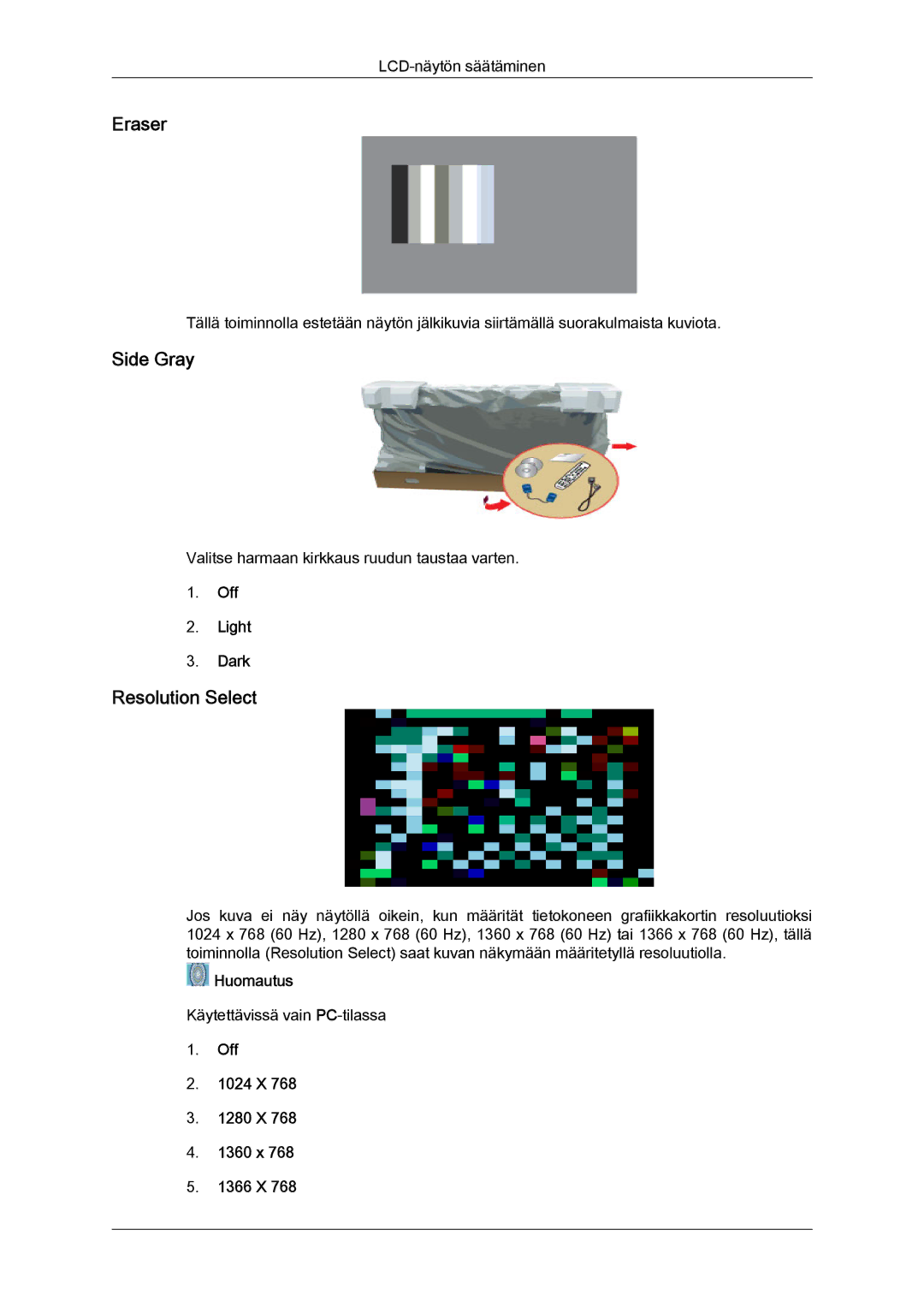 Samsung LH65TCQMBC/EN manual Eraser, Side Gray, Resolution Select, Off Light Dark, Off 1024 X 1280 X 1360 x 1366 X 