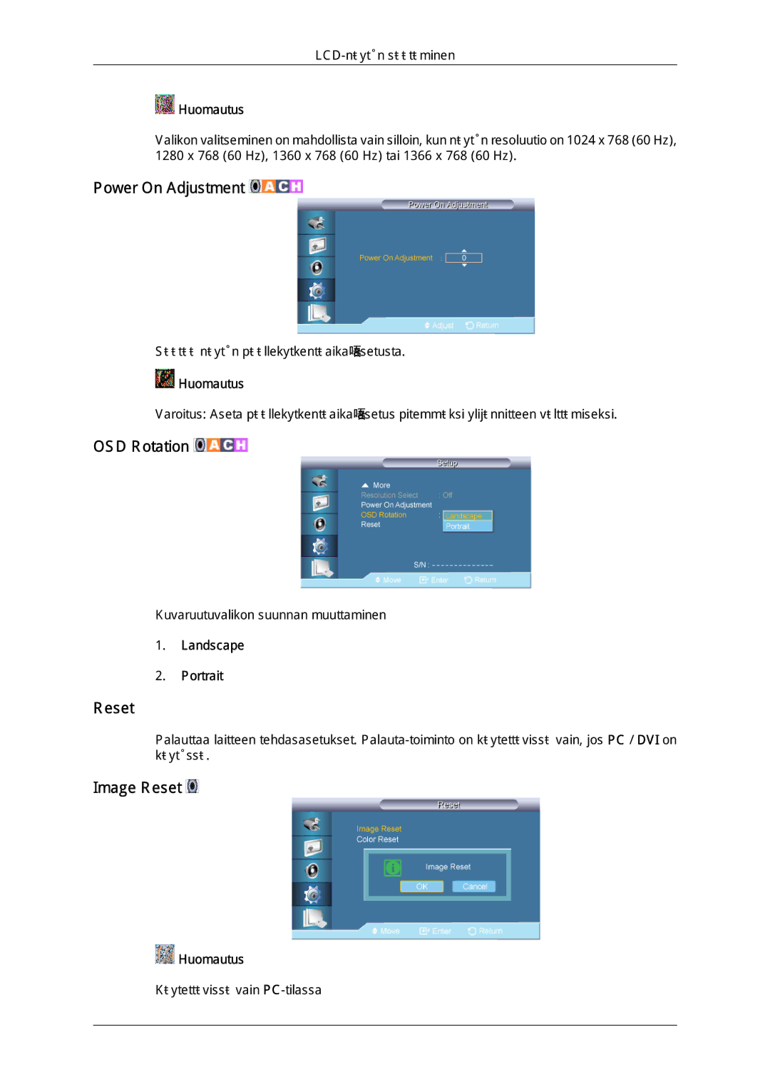 Samsung LH65TCQMBC/EN manual Power On Adjustment, OSD Rotation, Image Reset, Landscape Portrait 