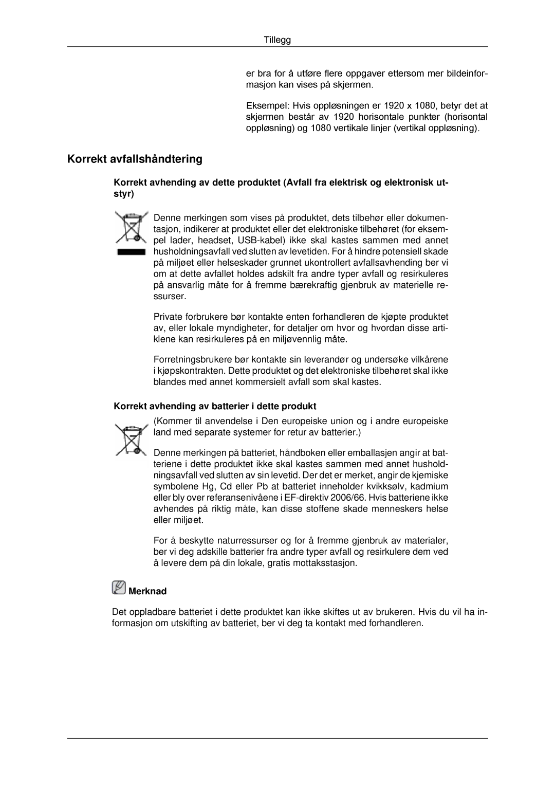 Samsung LH65TCQMBC/EN manual Korrekt avfallshåndtering, Korrekt avhending av batterier i dette produkt 