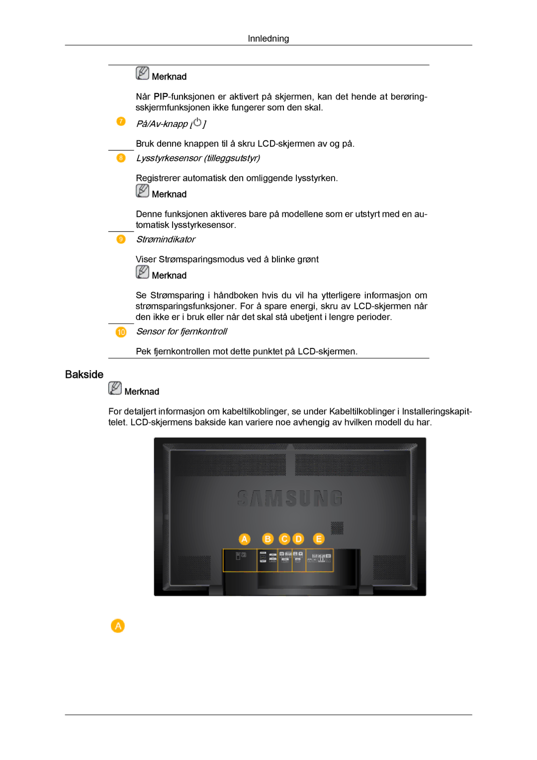 Samsung LH65TCQMBC/EN manual Bakside, Merknad 