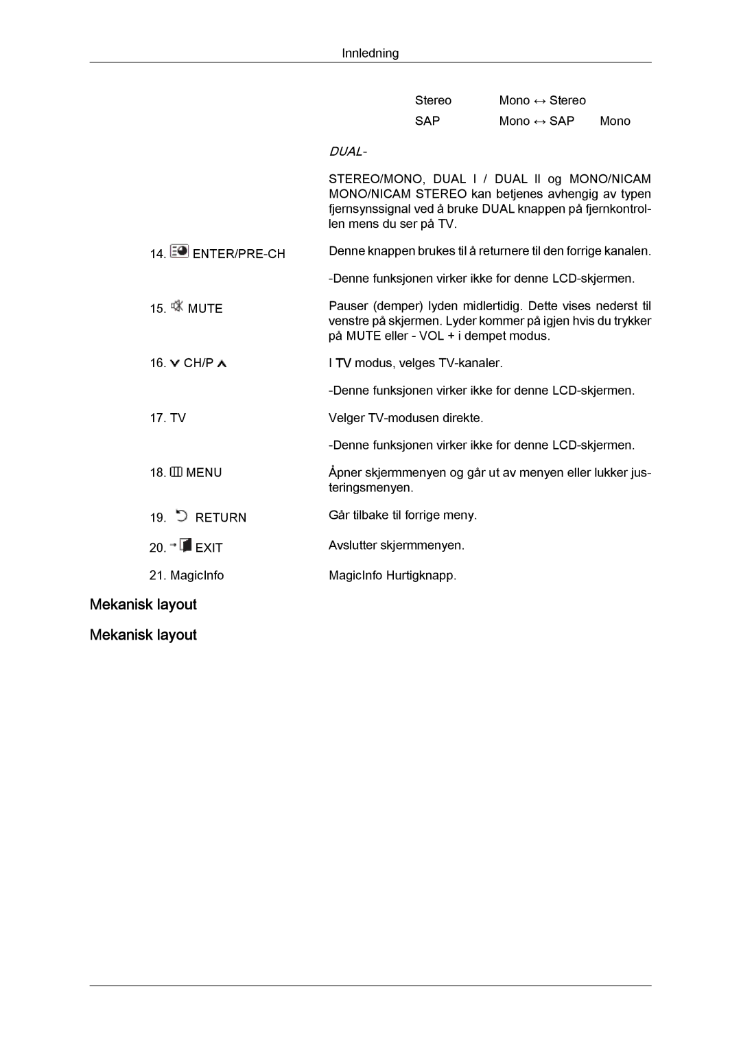 Samsung LH65TCQMBC/EN manual Mekanisk layout 