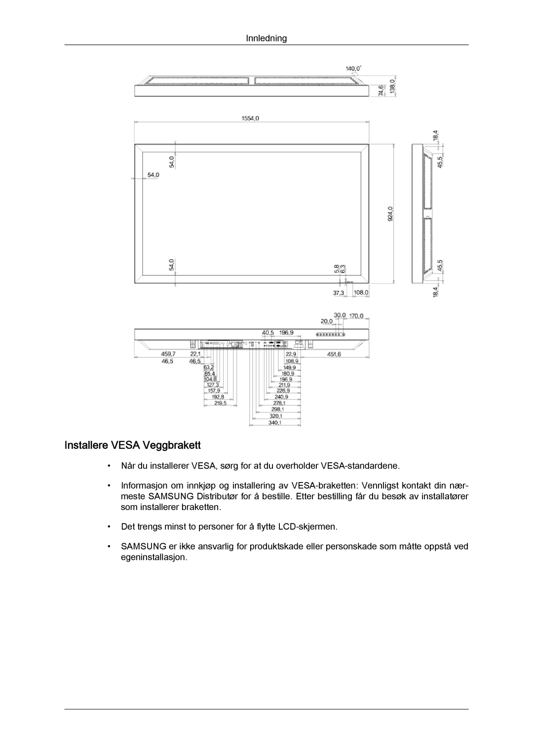 Samsung LH65TCQMBC/EN manual Installere Vesa Veggbrakett 